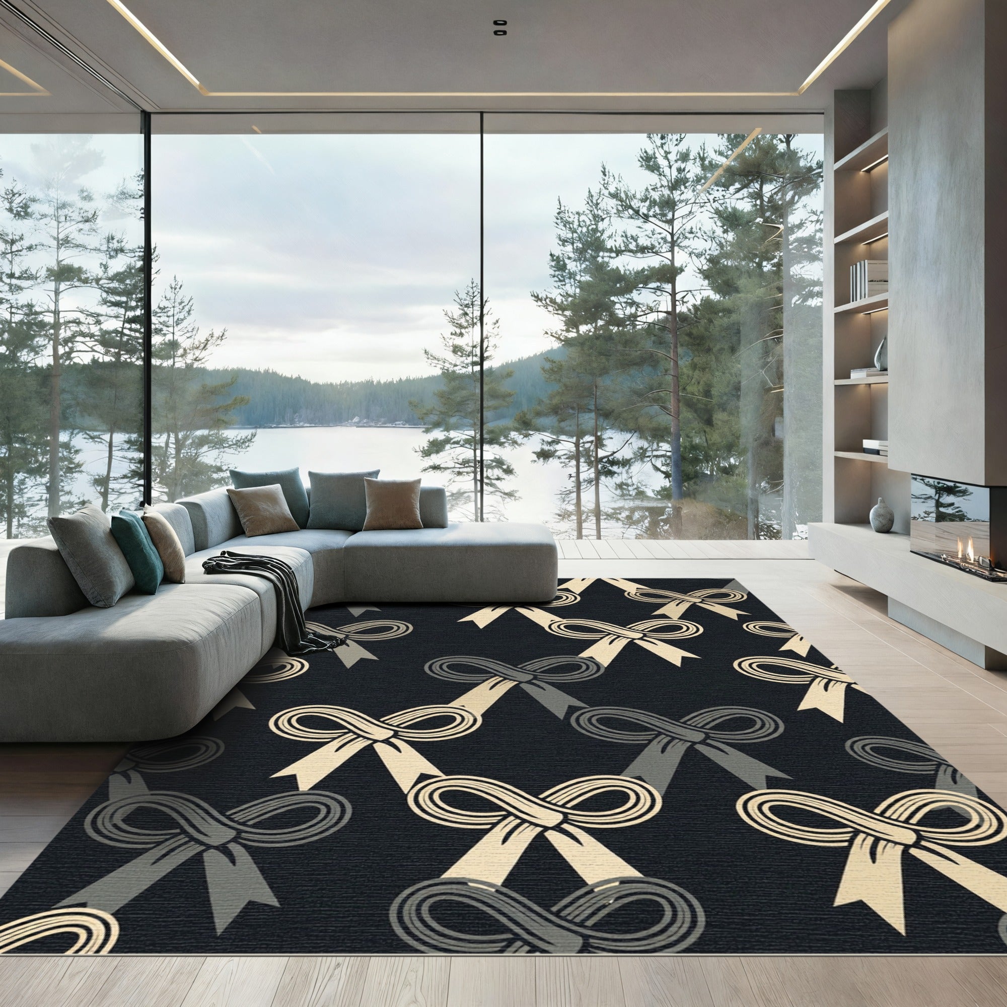Elegant Cream Bows on Charcoal Background Rug