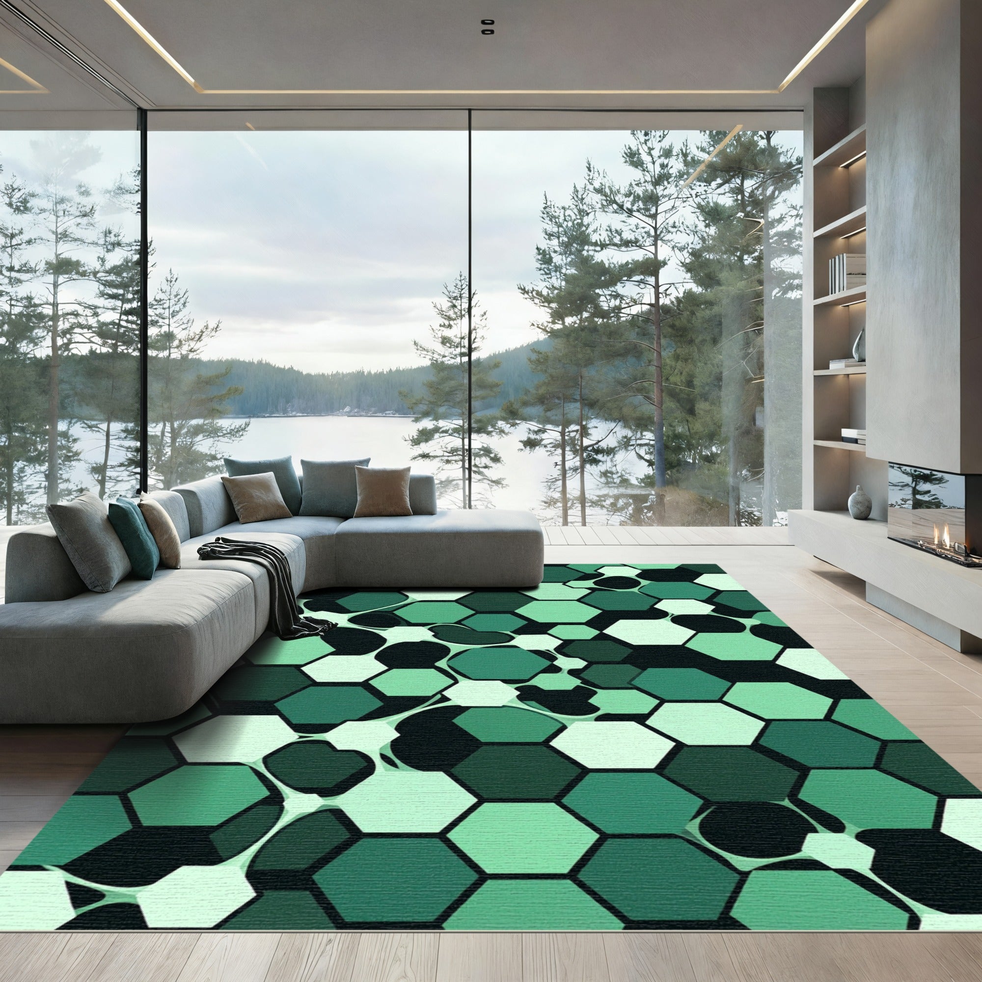 Emerald Hexagonal Organic Flow Rug
