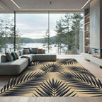 Dark Charcoal Palm Leaves on Beige Rug