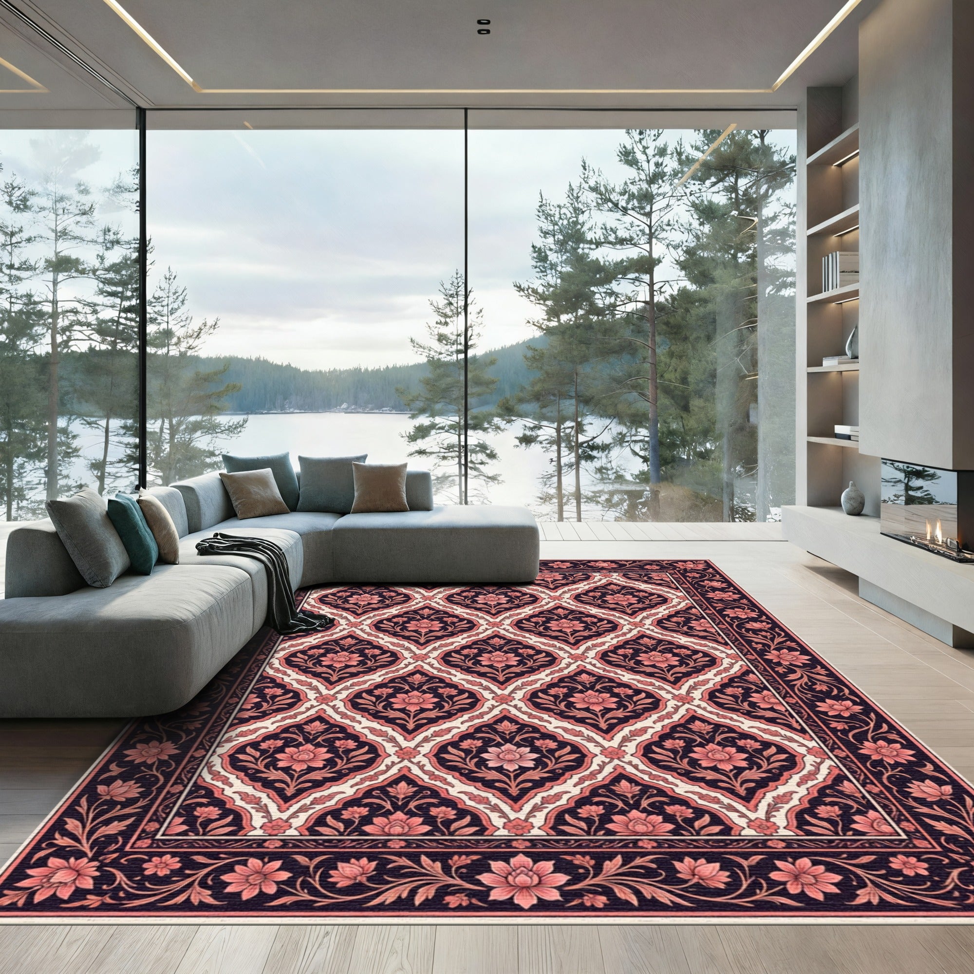Deep Navy Coral Floral Lattice Rug