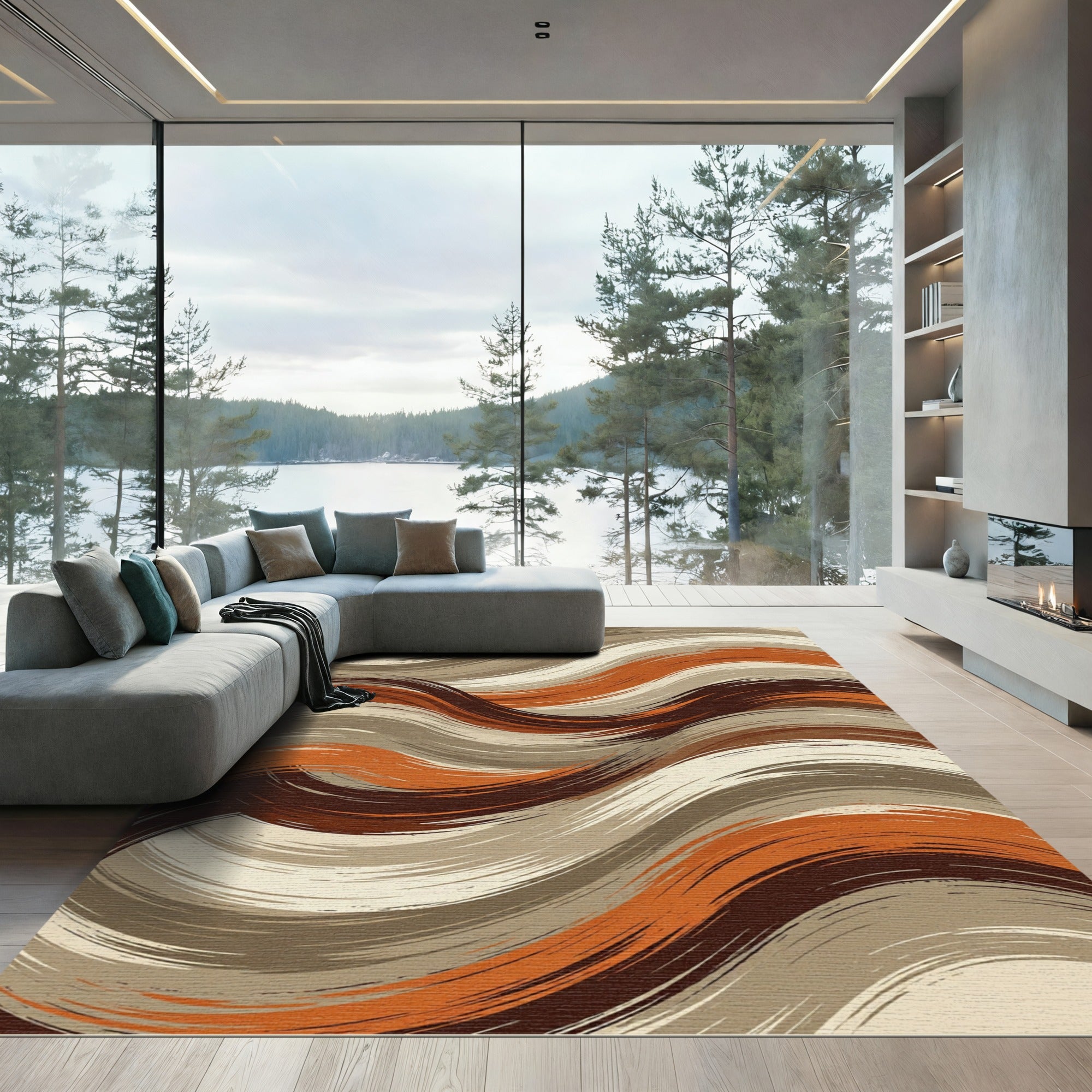 Modern Earthy Abstract Wave Swirls Rug