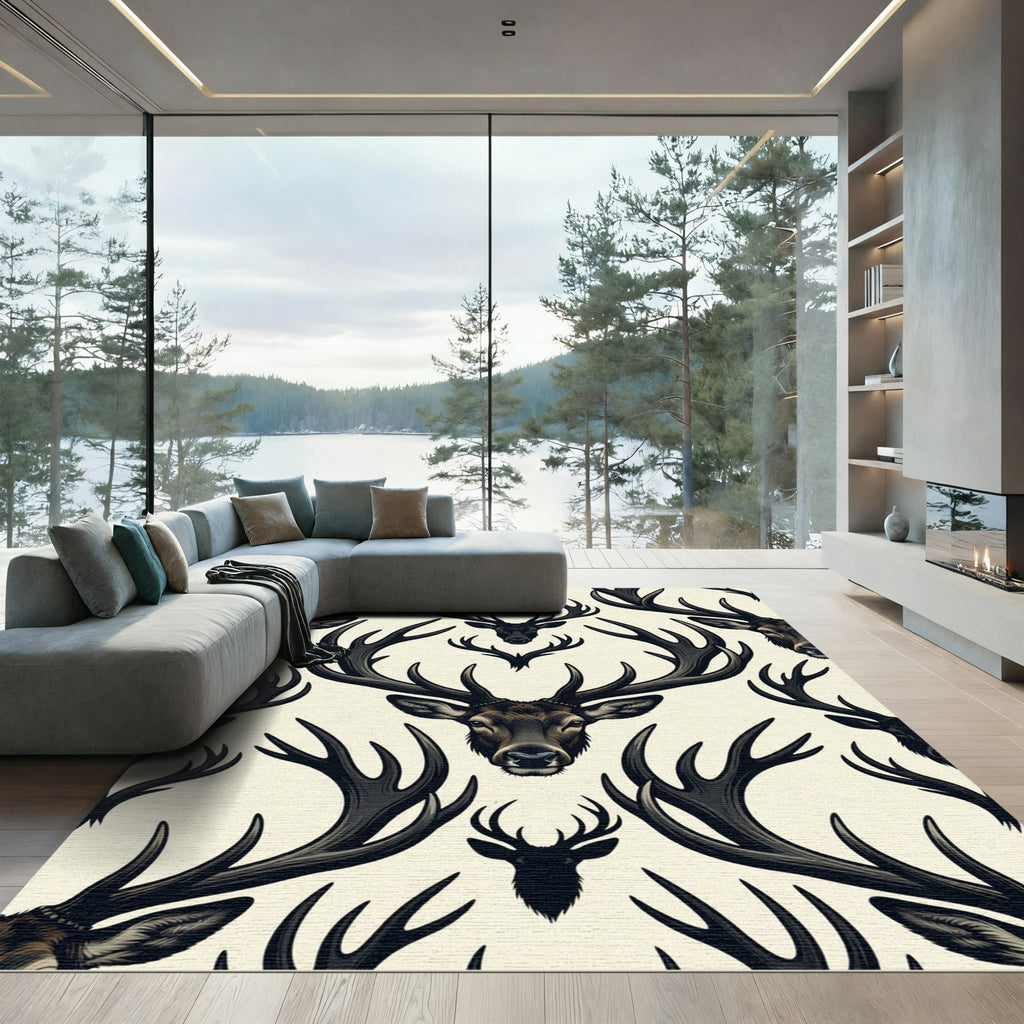 Monochromatic Woodland Stags and Antlers Rug