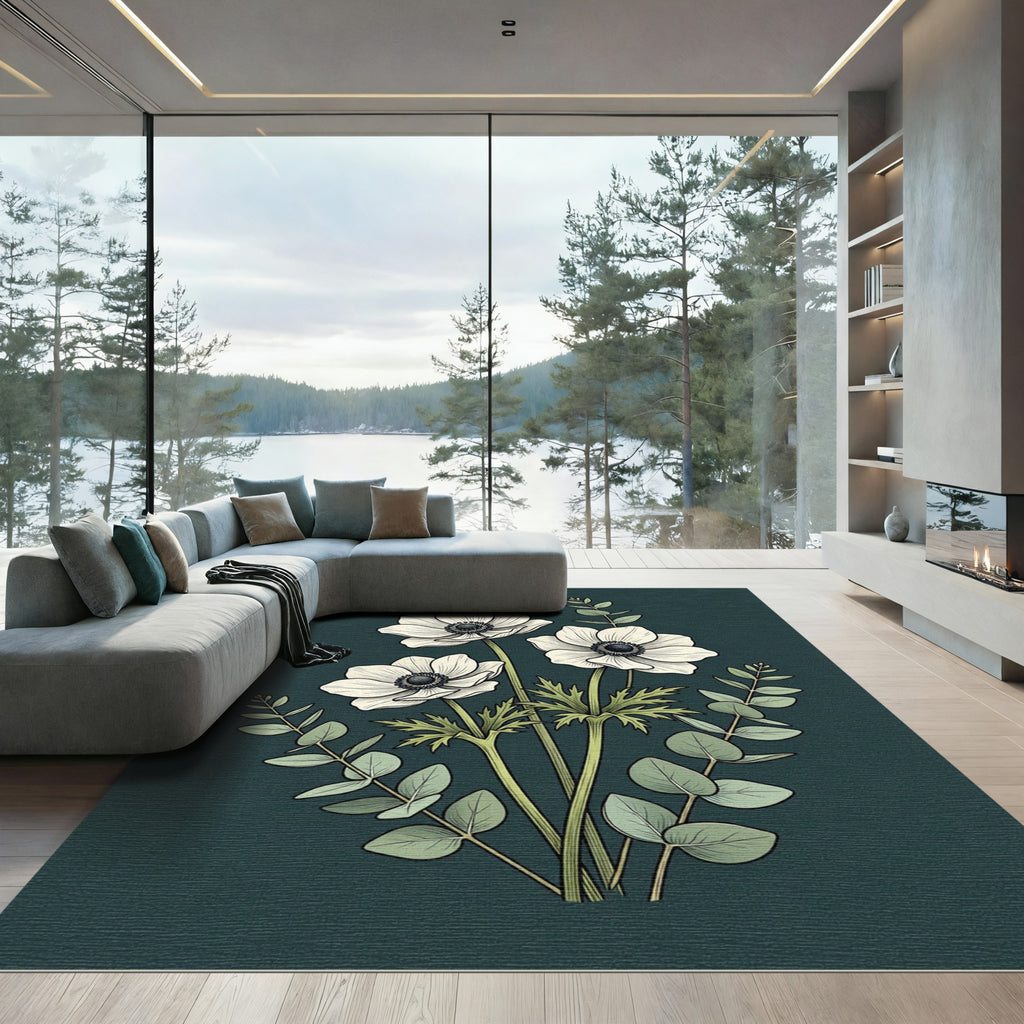 Elegant White Anemone Floral Bouquet Rug