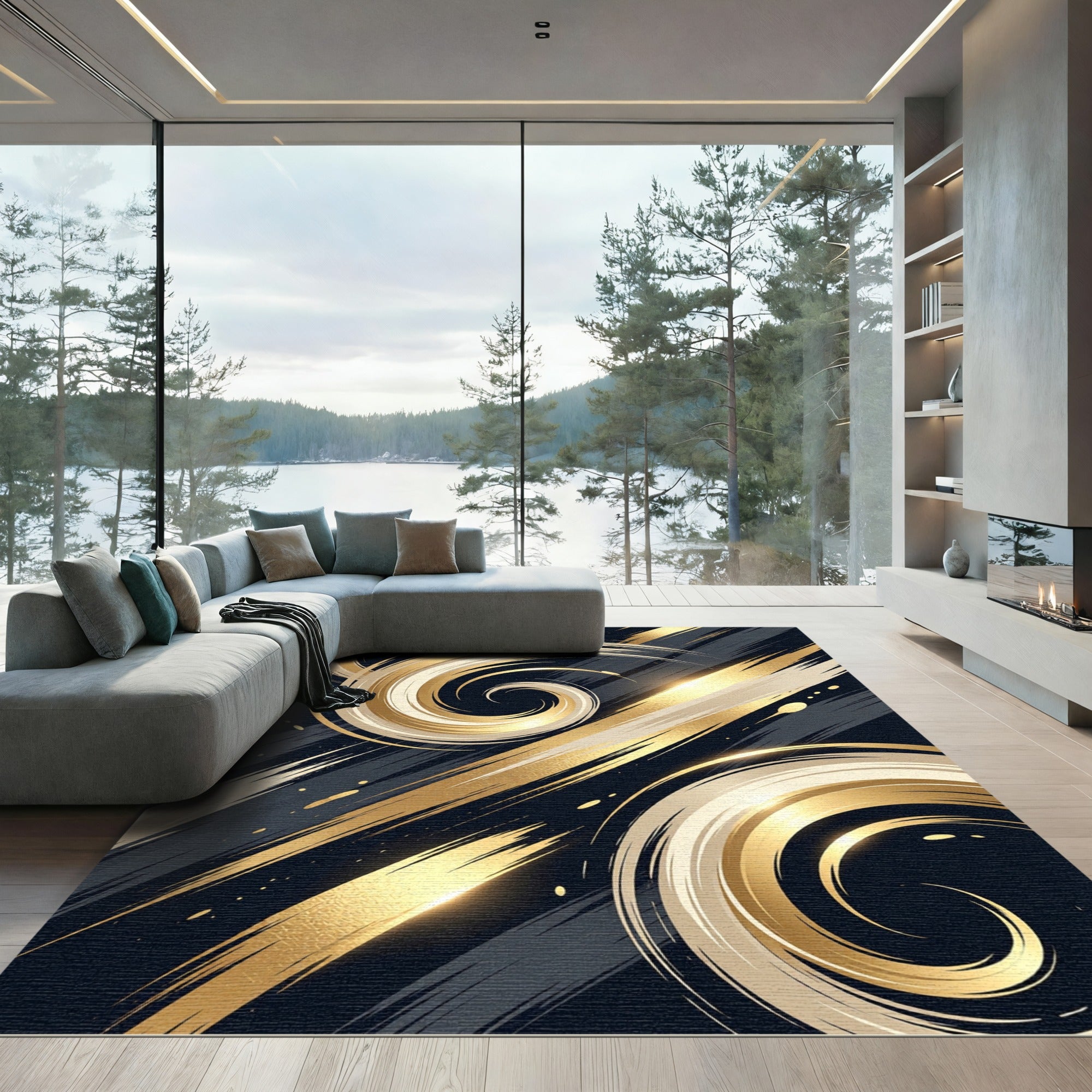 Golden Abstract Swirl Wave Liquid Art Rug