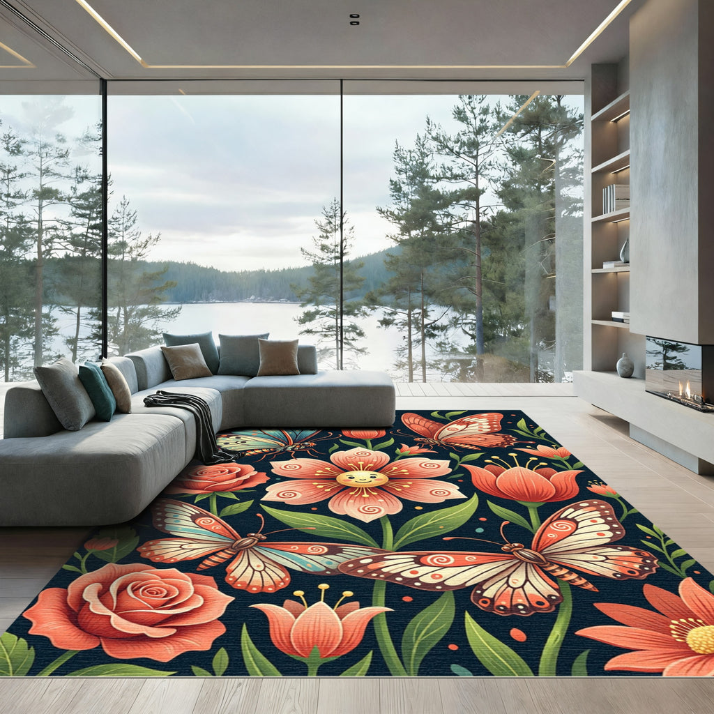 Whimsical Butterfly and Pastel Floral Garden Rug