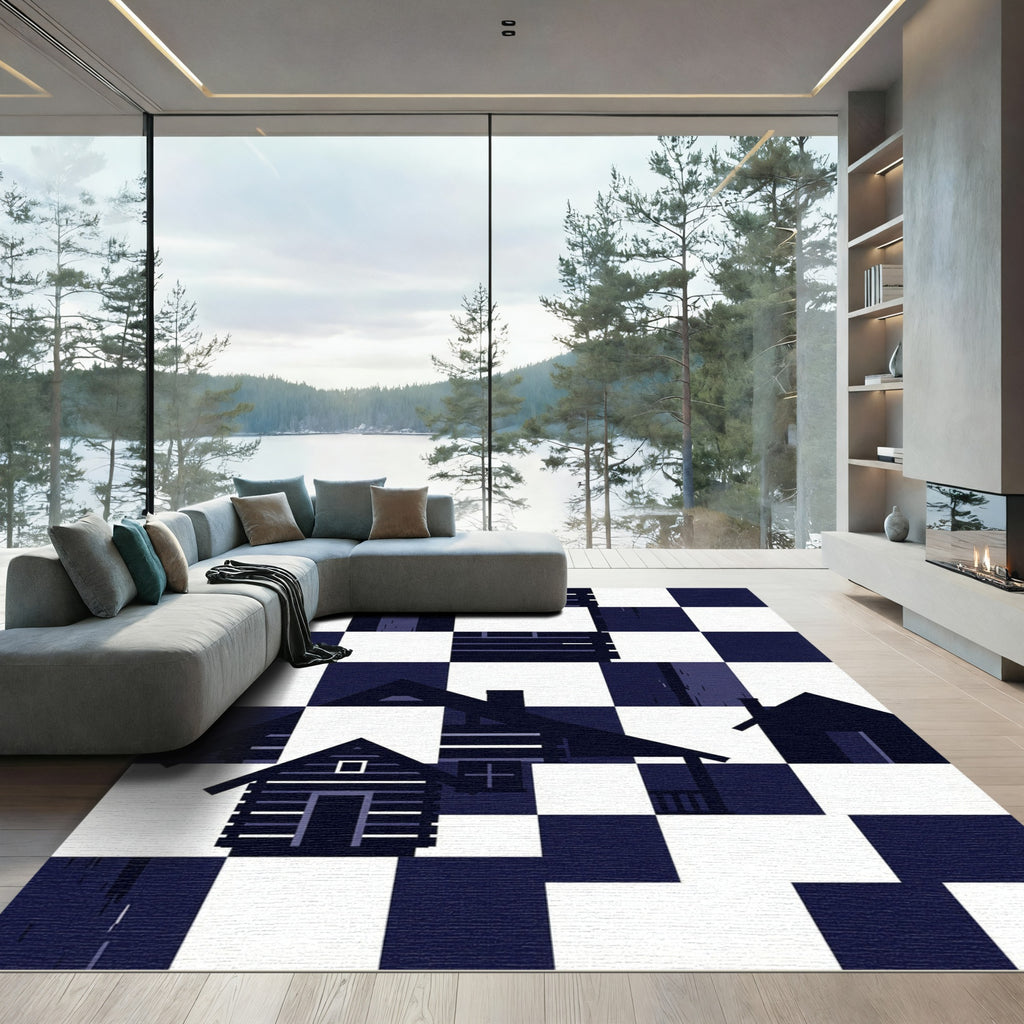 Dark Blue Checkerboard Cabin Silhouette Rug