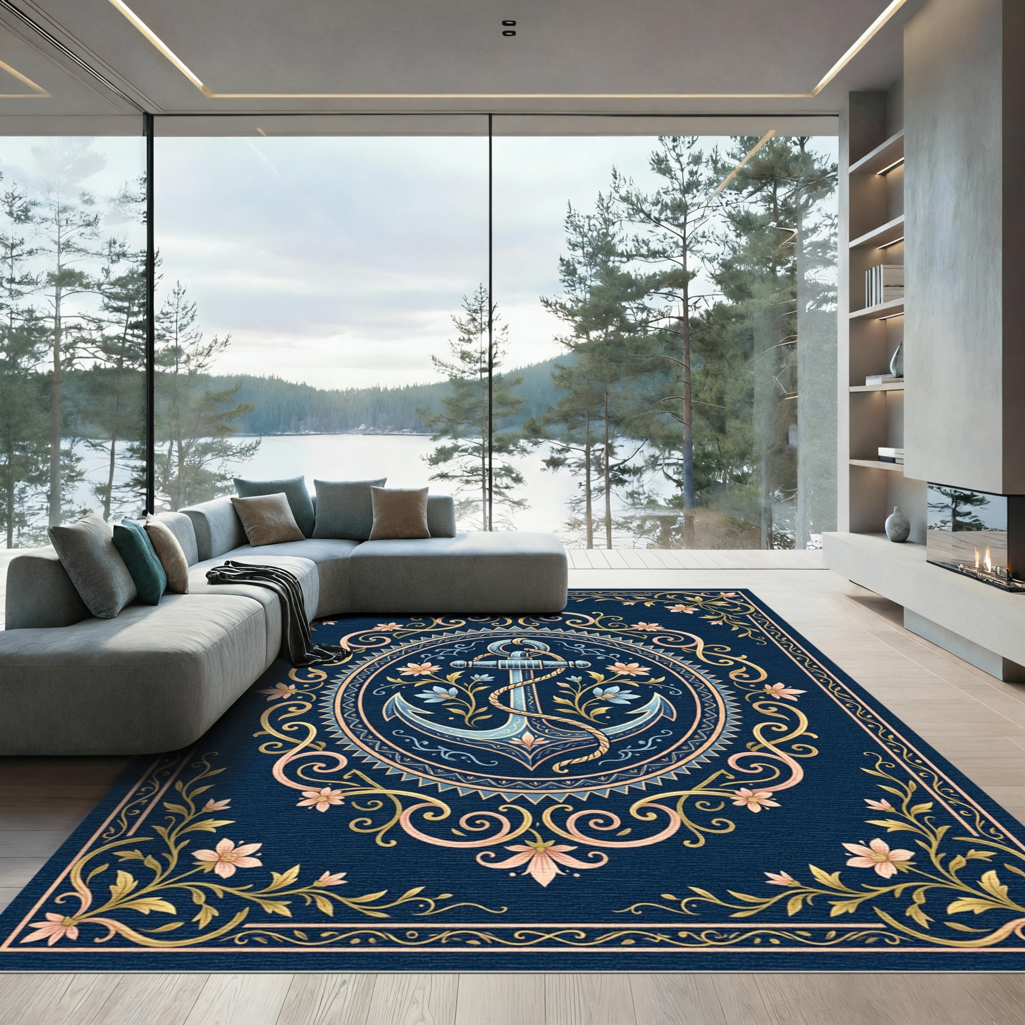 Blue Anchor Floral Scrollwork Accent Rug