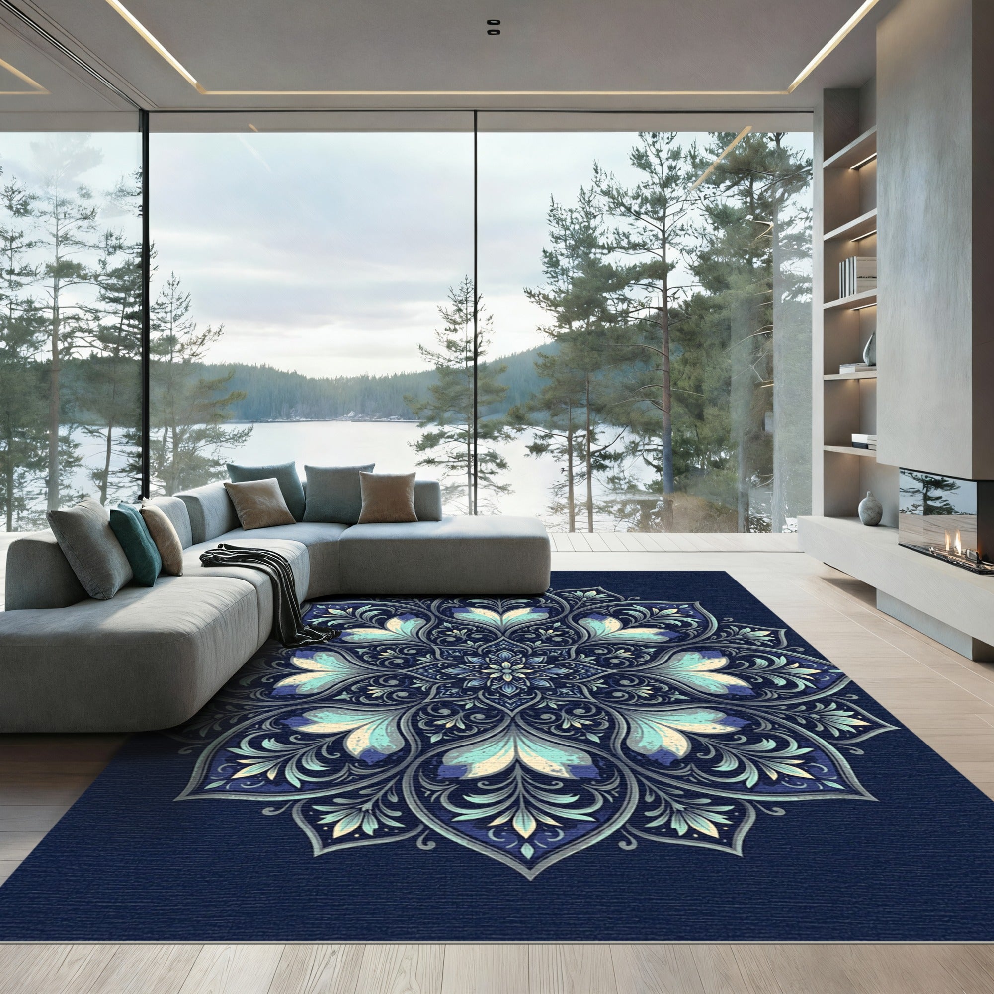 Elegant Navy Teal Floral Medallion Rug