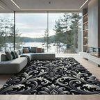 Elegant Graphite Silver Baroque Scroll Rug