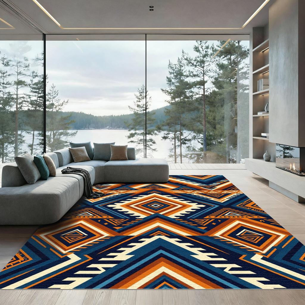 Bold Geometric Indigo and Ochre Diamond Rug