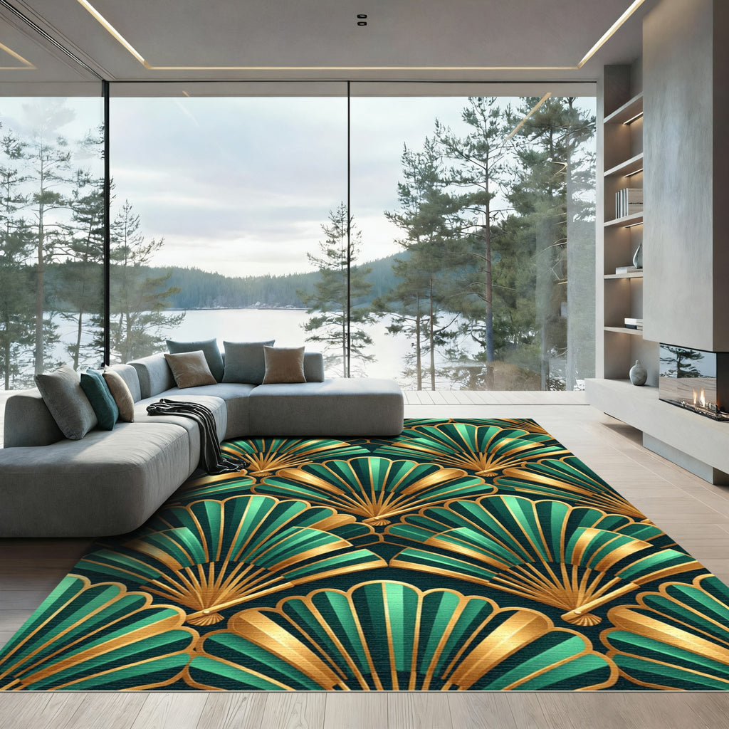 Art Deco Emerald Gold Fan Rug
