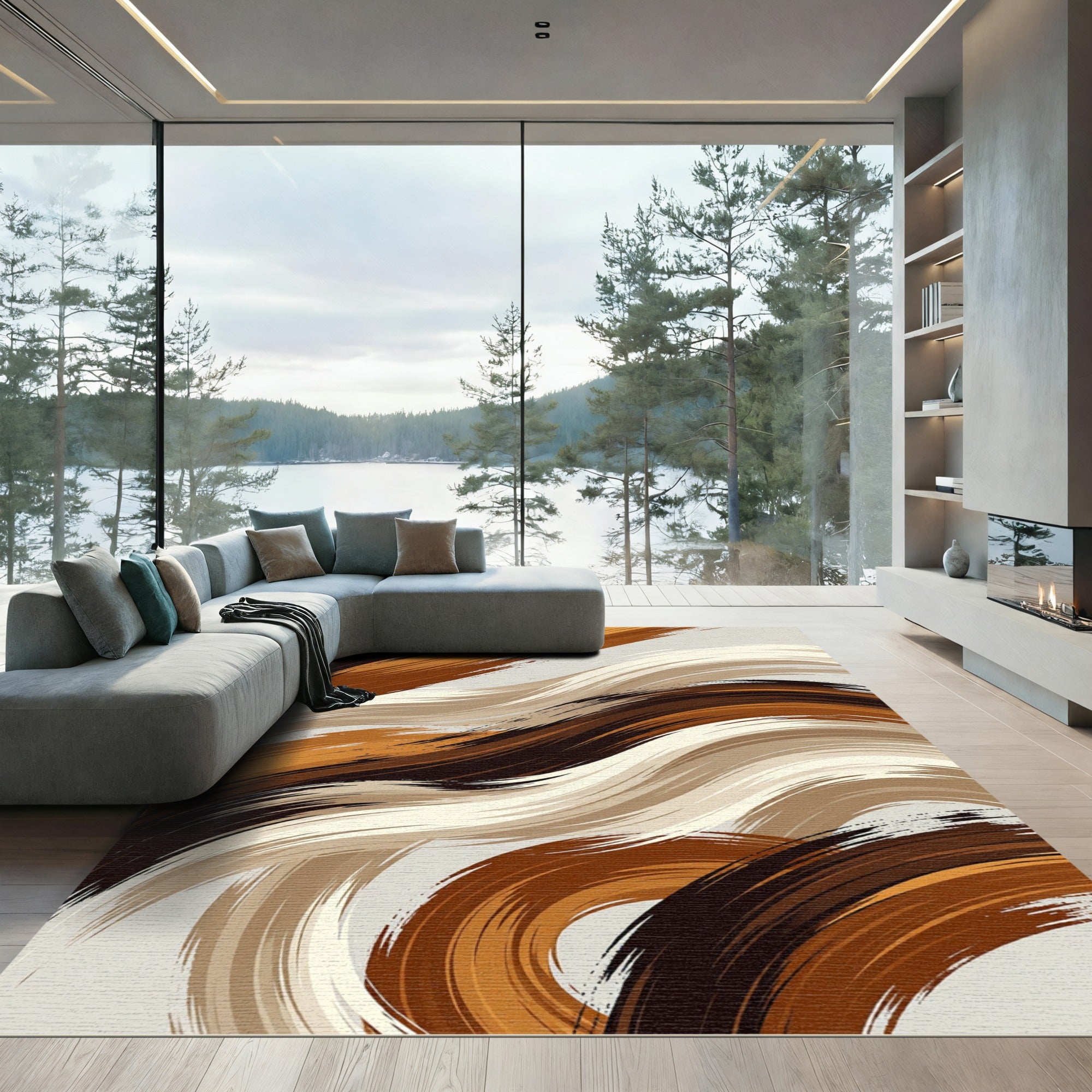 Modern Abstract Brown Swirling Waves Rug