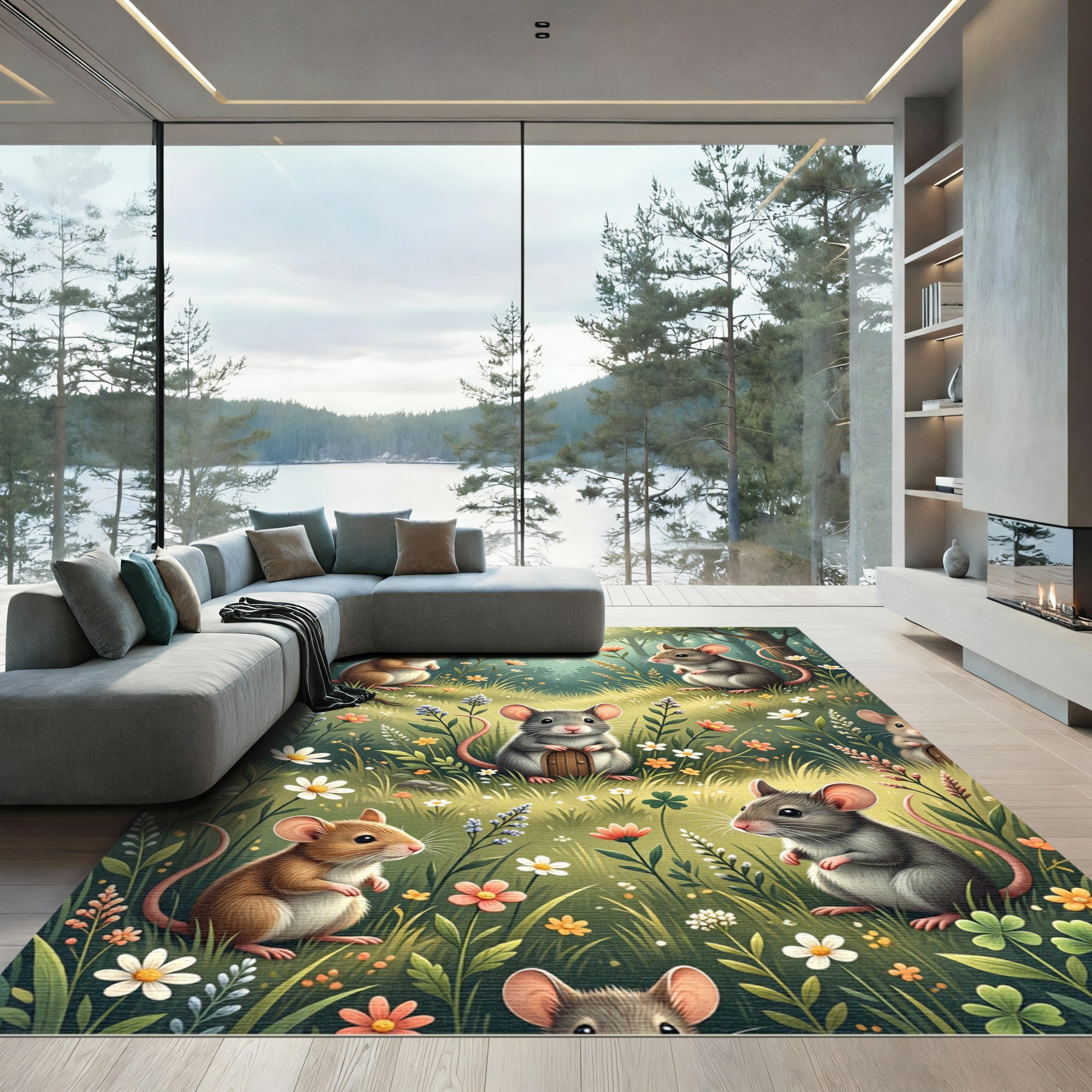 Whimsical Woodland Mouse Meadow Art Rug