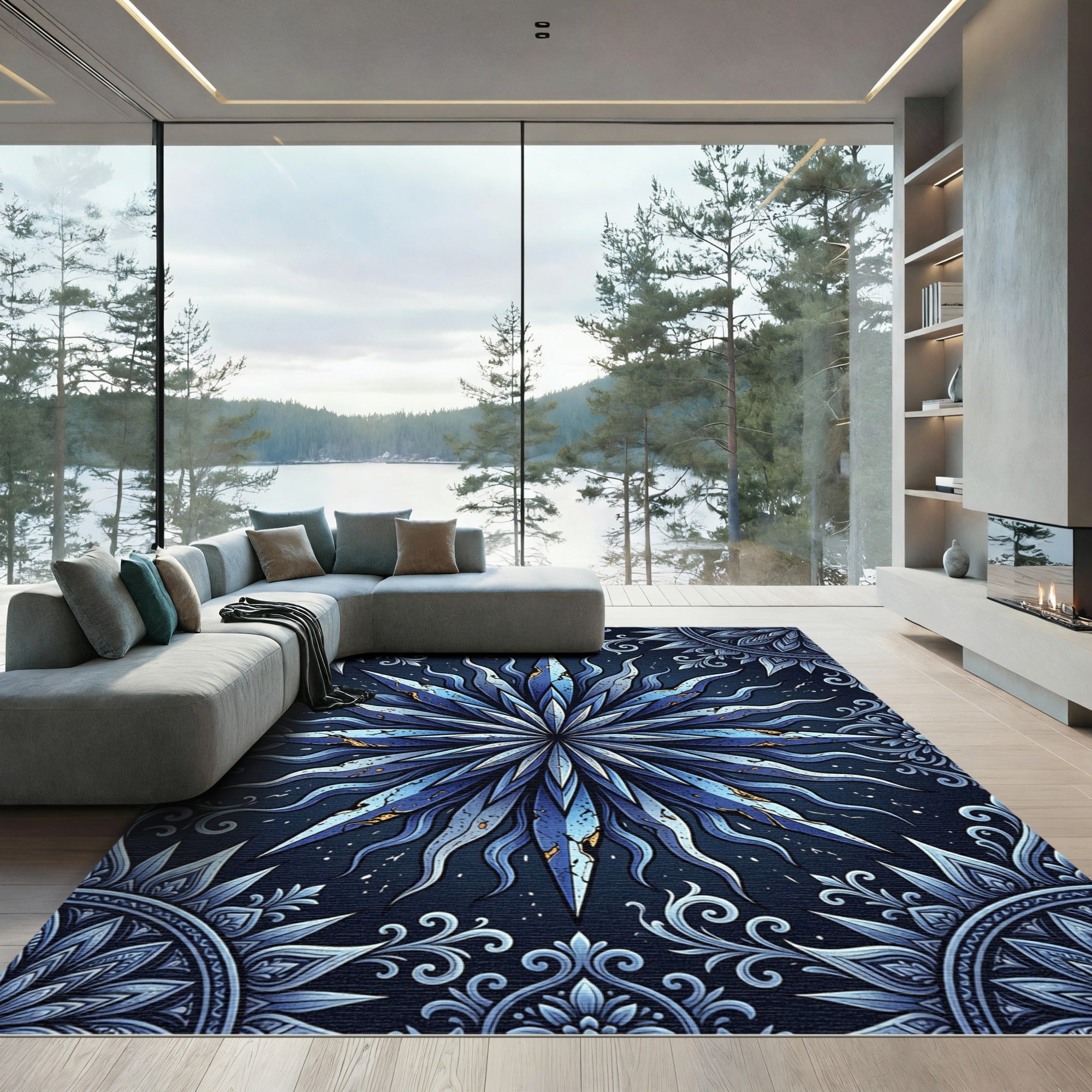 Deep Blue Starburst Mandala Art Rug