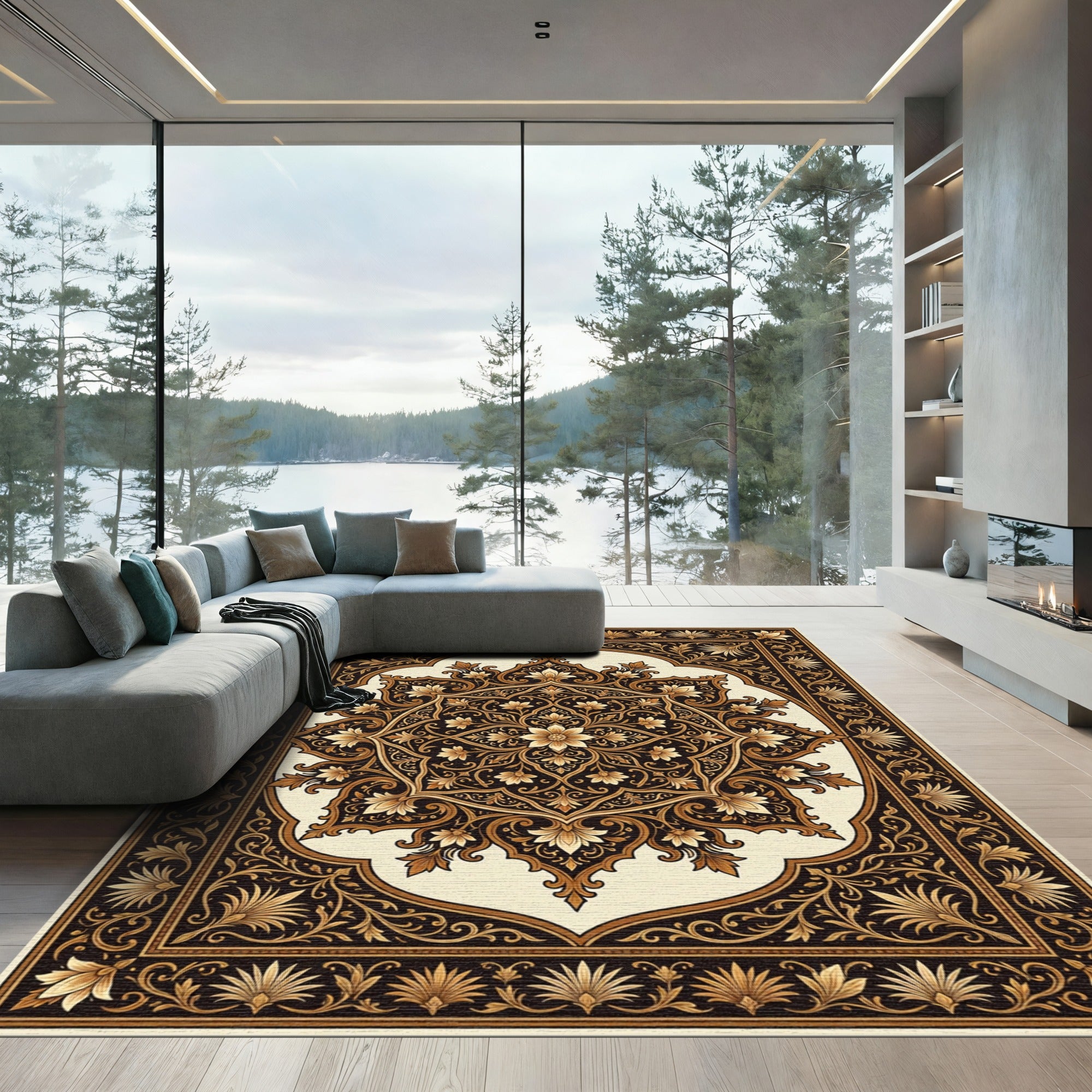 Elegant Dark Brown Ornate Floral Medallion Rug