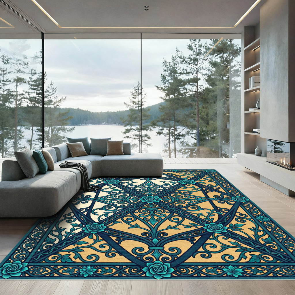 Teal Floral Lattice Scrollwork Rug