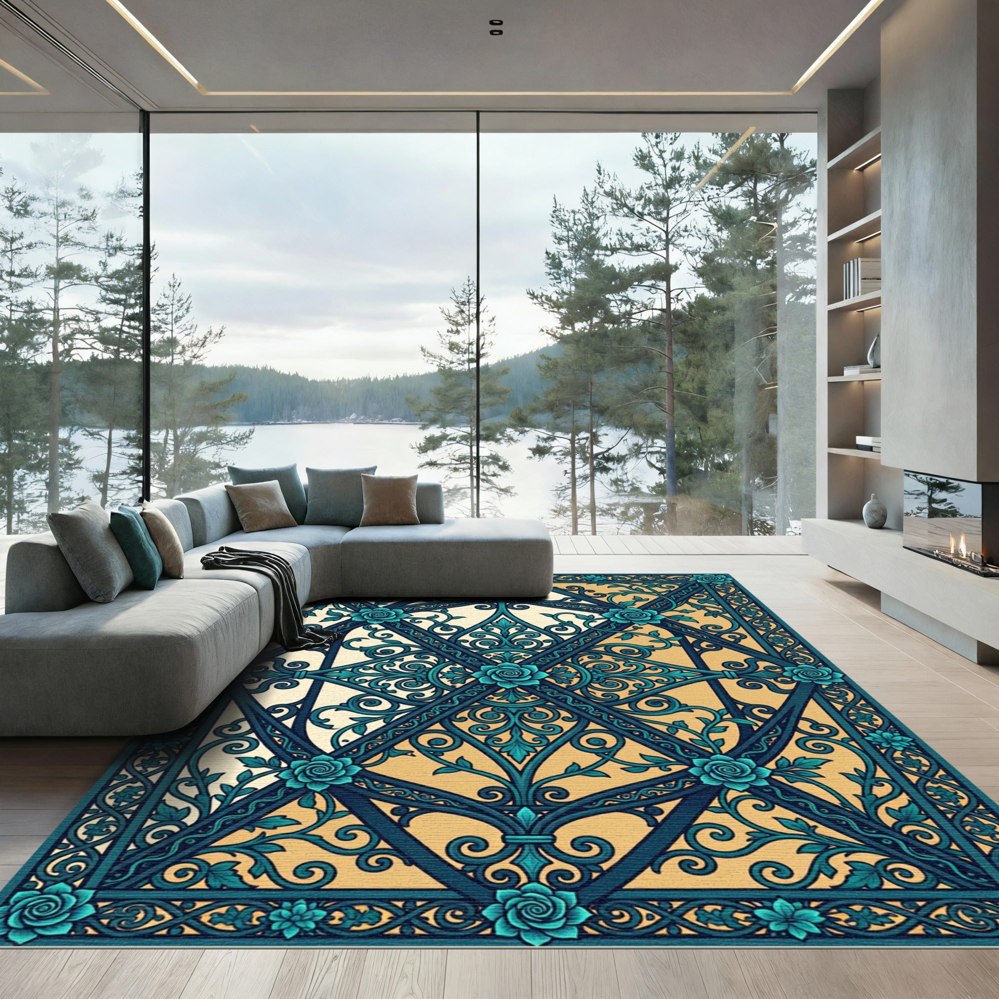Teal Floral Lattice Scrollwork Rug