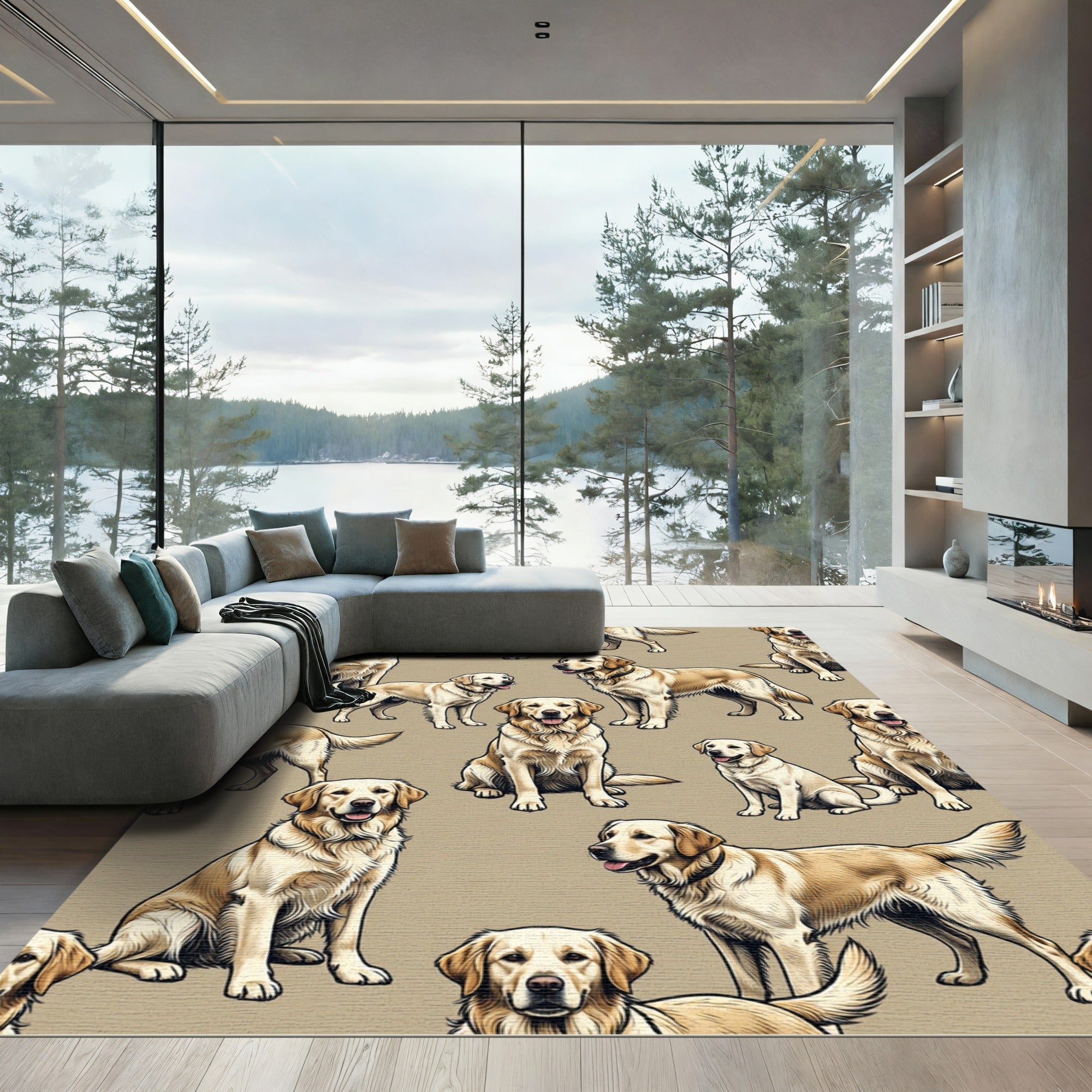 Cheerful Golden Retriever Repeating Cream Rug