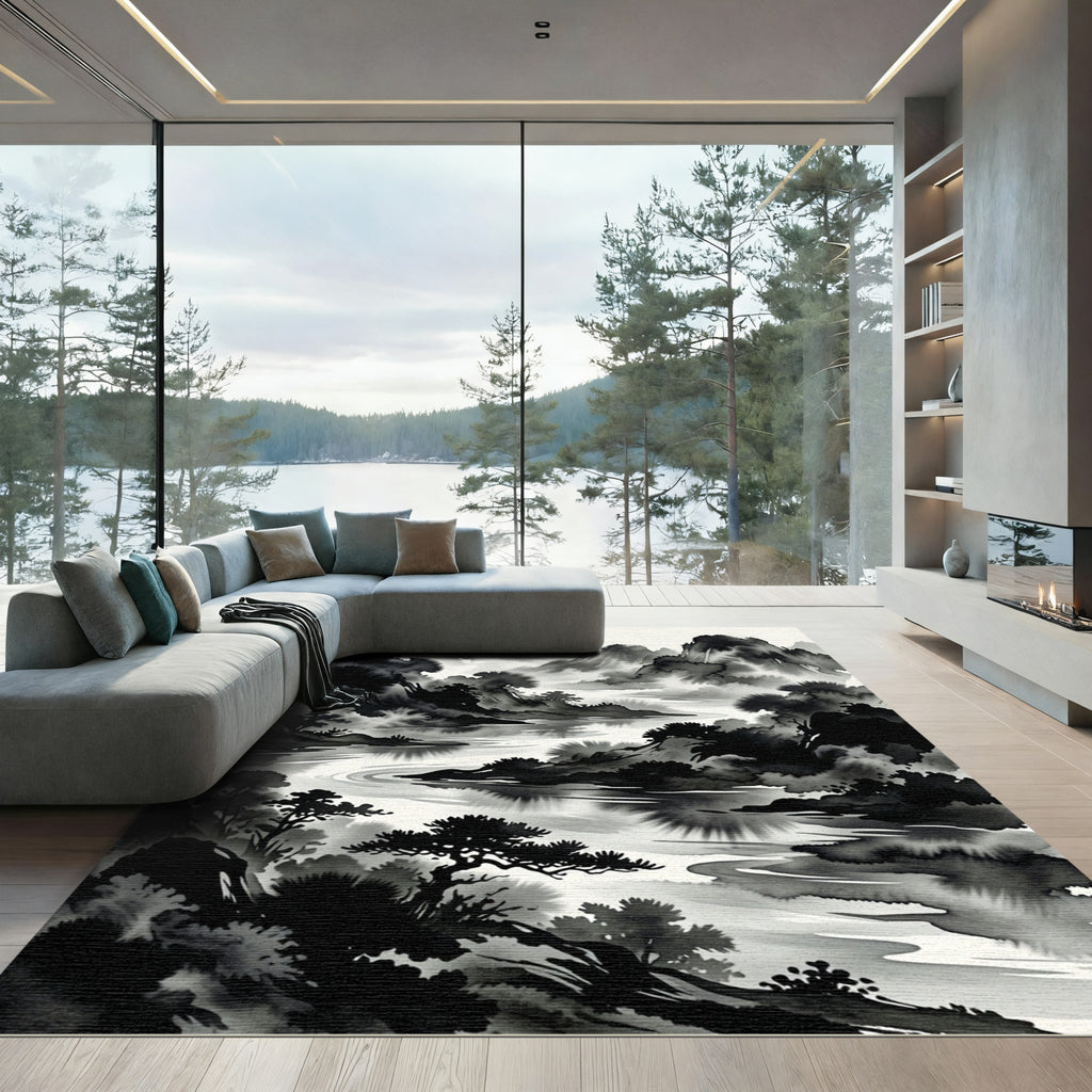 Misty Mountain River Sumi-e Landscape Rug