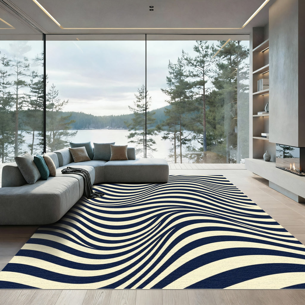 Modern Cream and Charcoal Wavy Stripe Rug