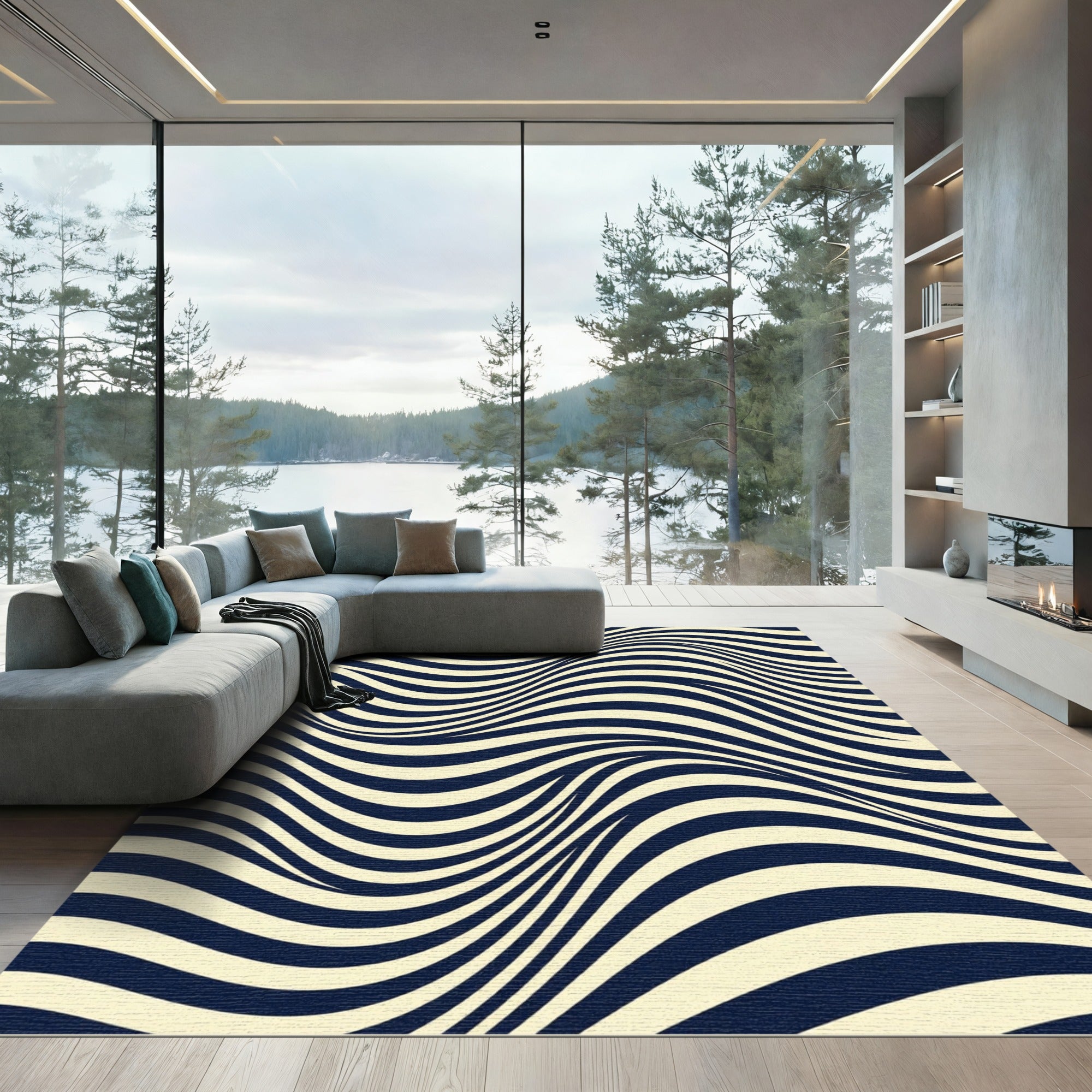 Modern Cream and Charcoal Wavy Stripe Rug