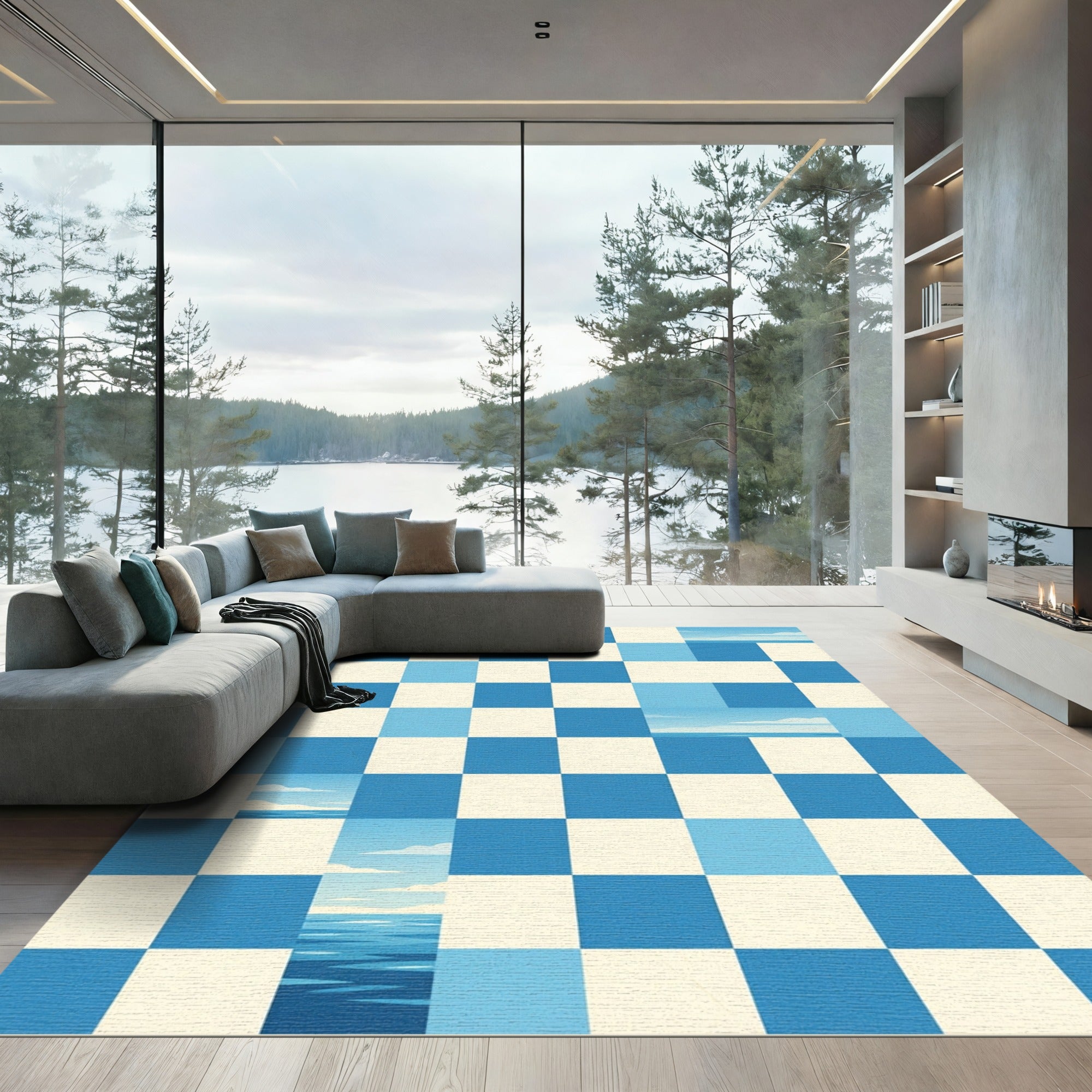 Blue And Cream Checkerboard Seascape Rug