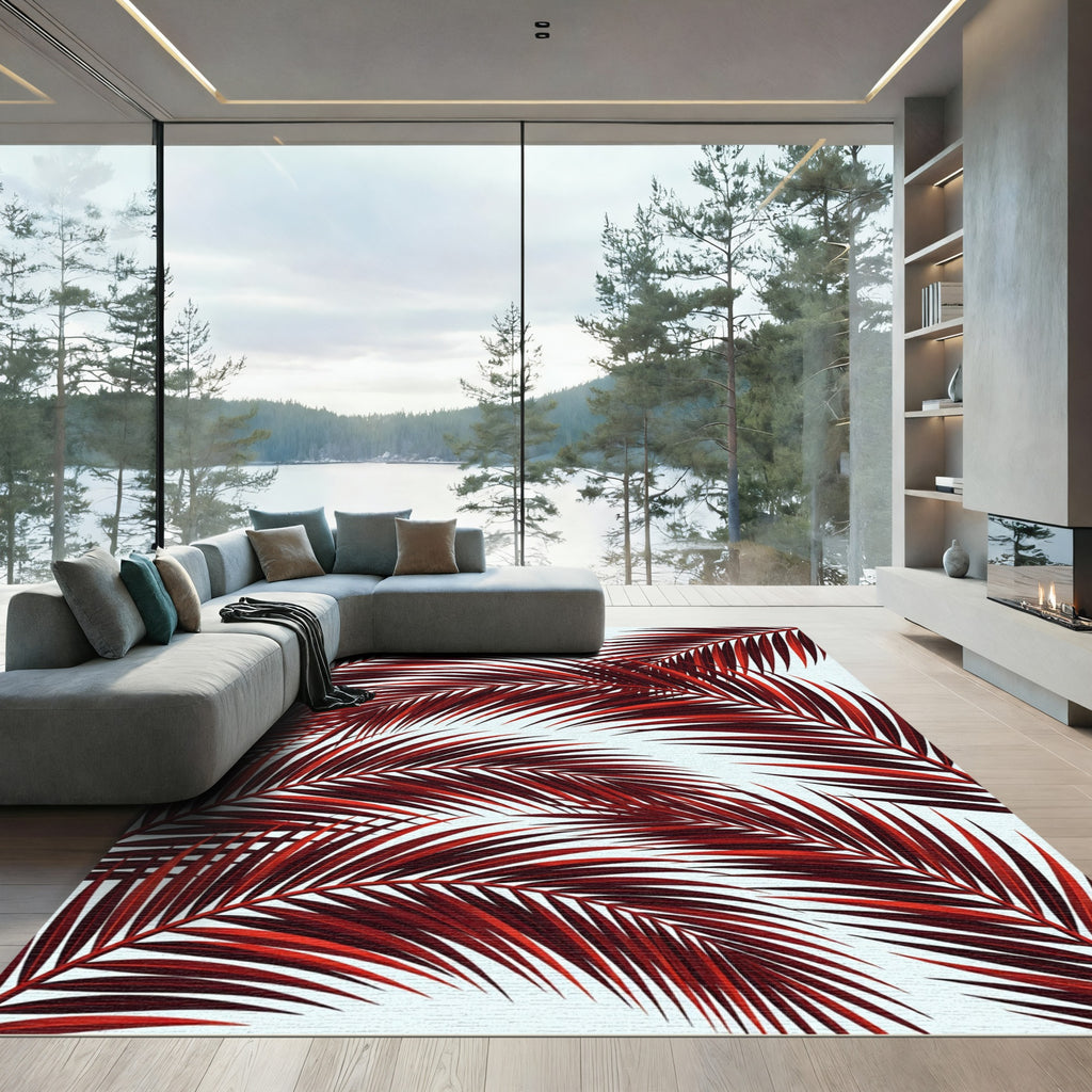 Crimson Palm Leaf Ensemble Rug