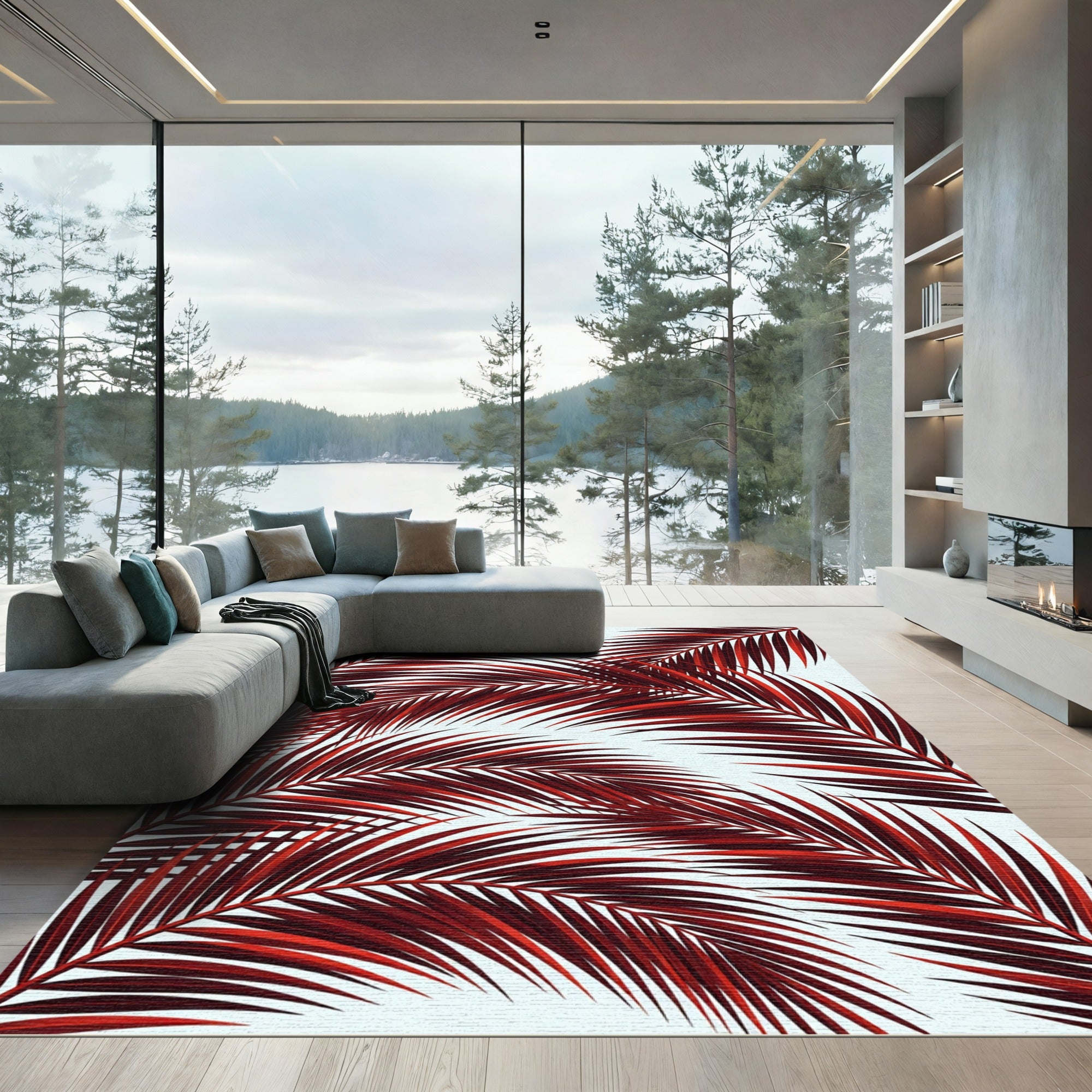 Crimson Palm Leaf Ensemble Rug