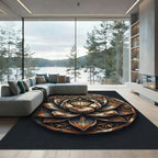Distressed Black and Gold Lotus Medallion Rug