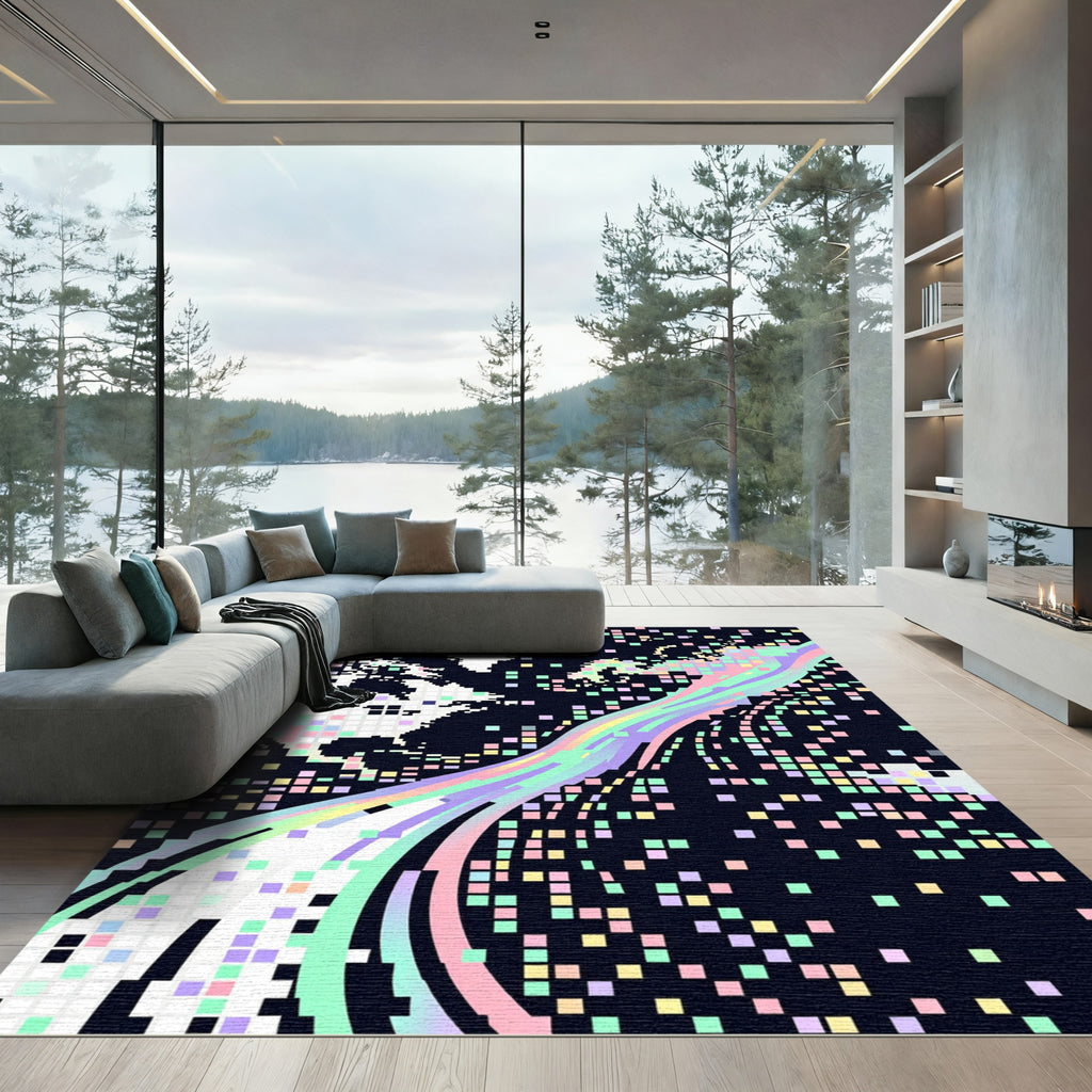 Iridescent Pixelated Abstract Rainbow Wave Rug
