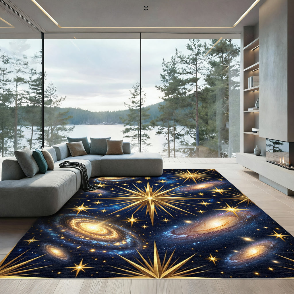 Golden Cosmic Starry Galaxy Celestial Rug