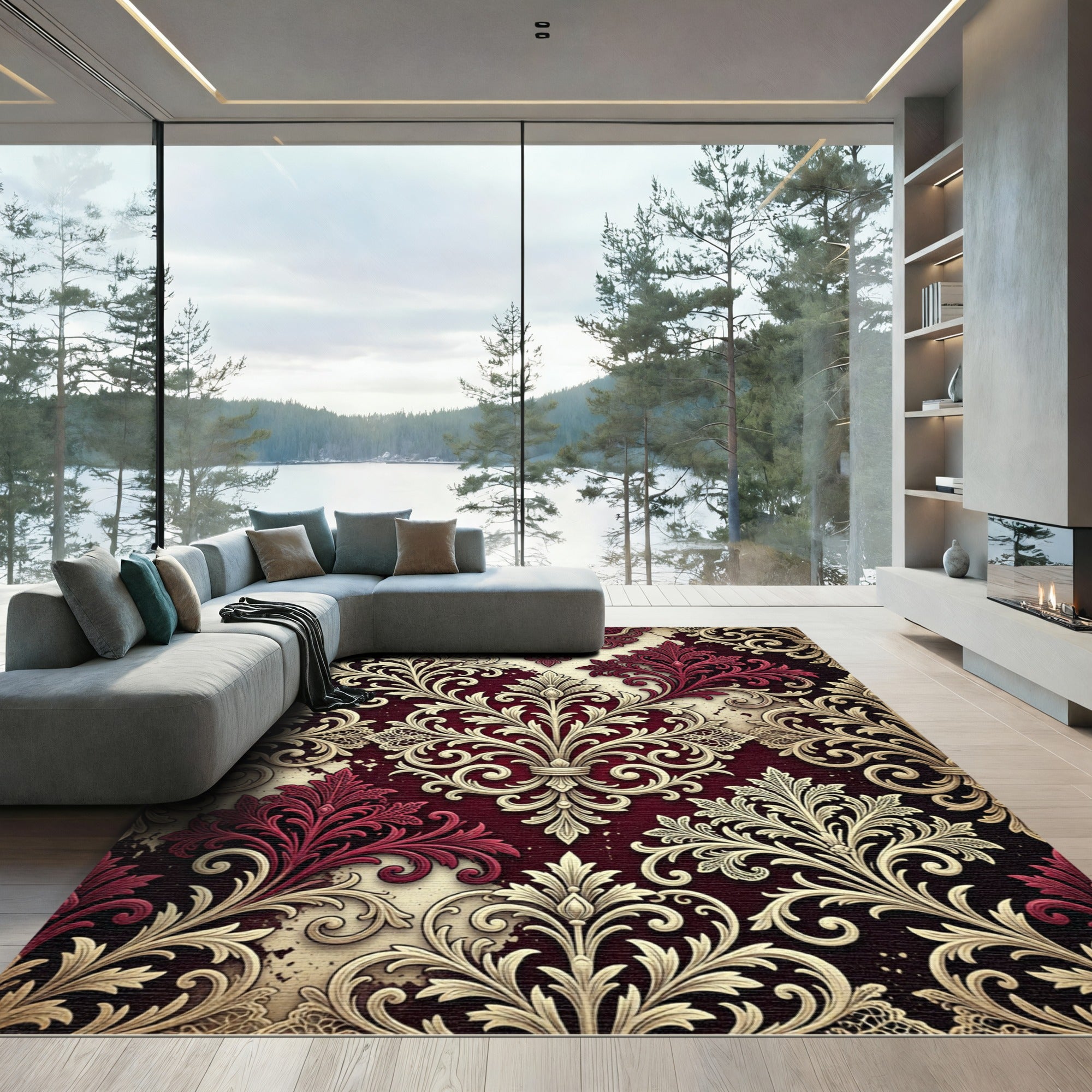Burgundy and Cream Ornate Floral Damask Rug
