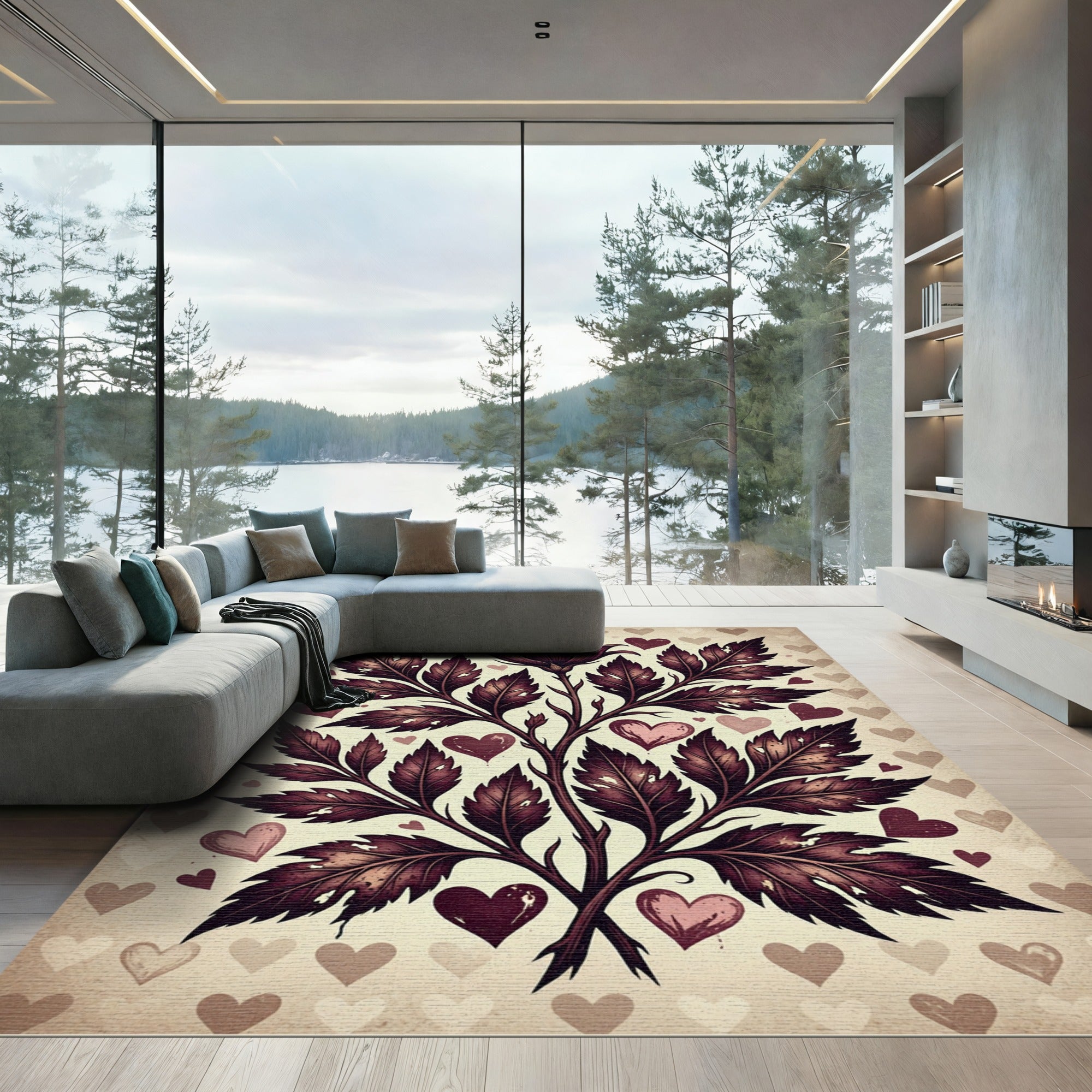 Romantic Maroon Foliage and Heart Accent Rug