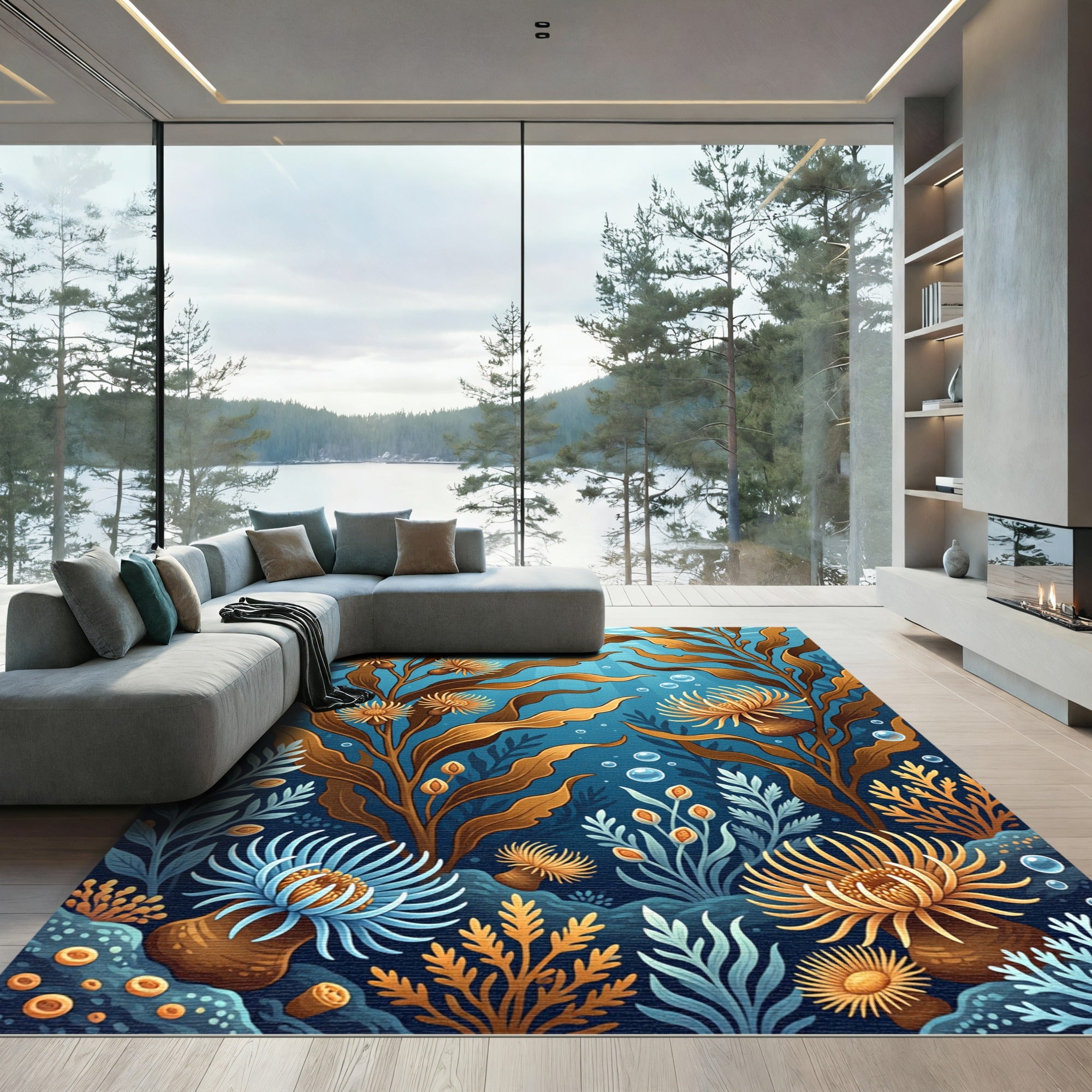 Golden Anemone Coral Blue Ocean Rug