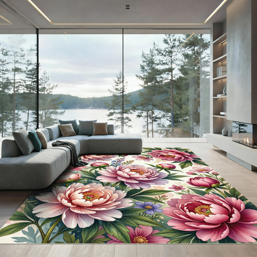 Blushing Peony Botanical Floral Arrangement Rug