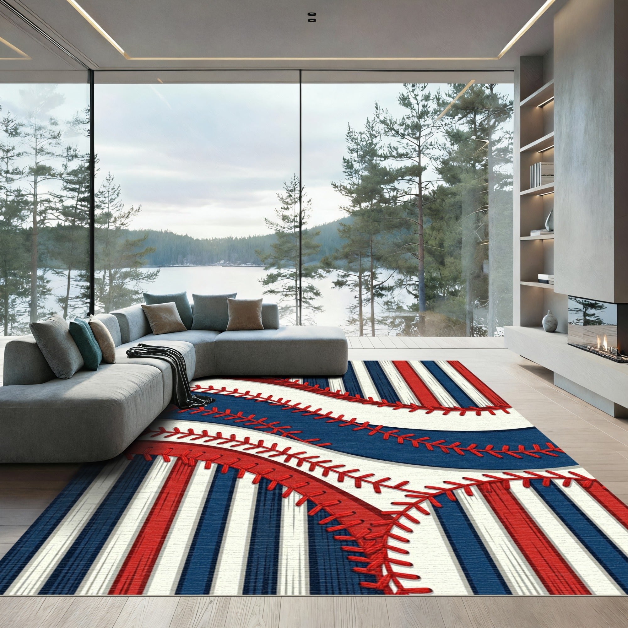 Bold Red White Blue Baseball Stitching Rug