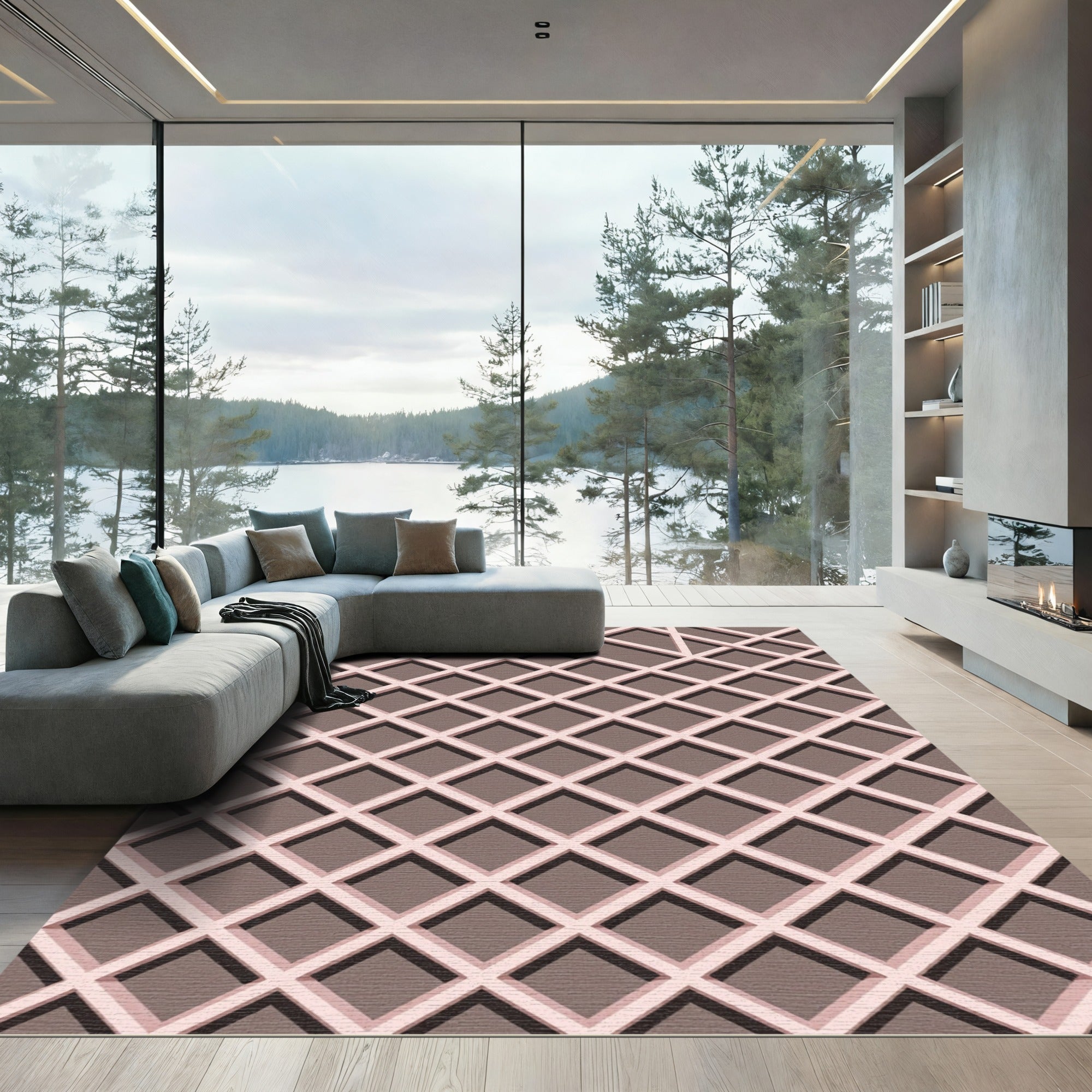 Blush Pink Minimalist Geometric Lattice Rug