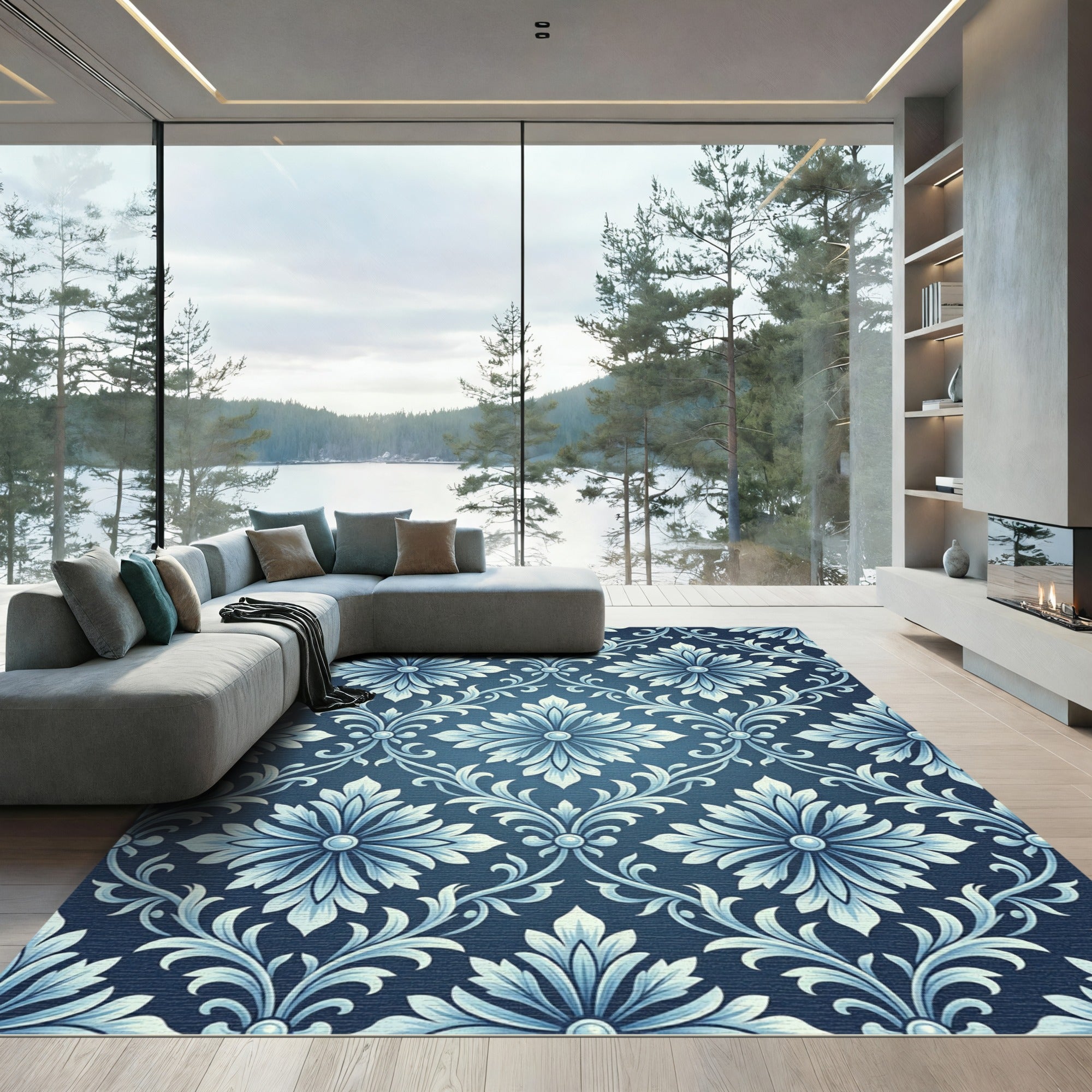 Classic Blue Floral Damask Scroll Rug