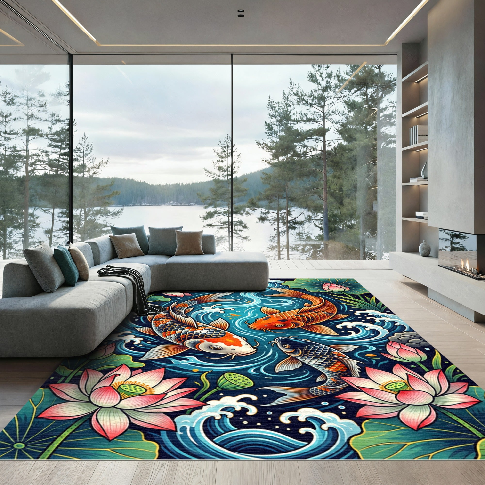 Vibrant Koi Fish and Lotus Water Blossom Rug