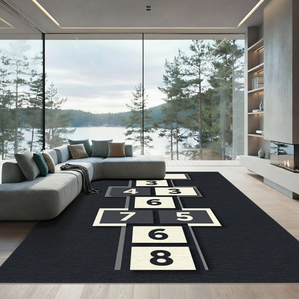 Minimalist Monochrome Geometric Hopscotch Square Rug