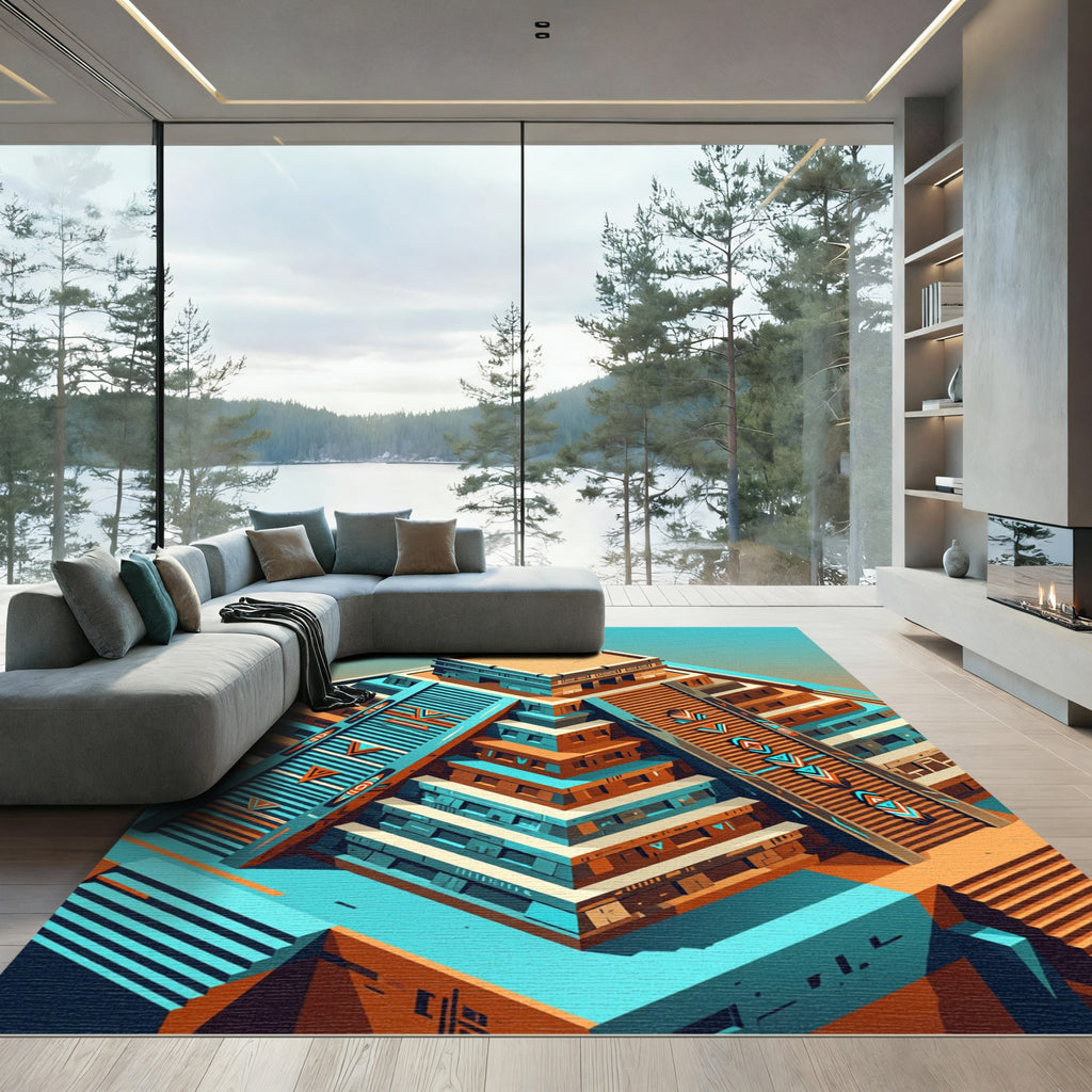 Isometric Aztec Pyramid Geometric Orange Teal Rug