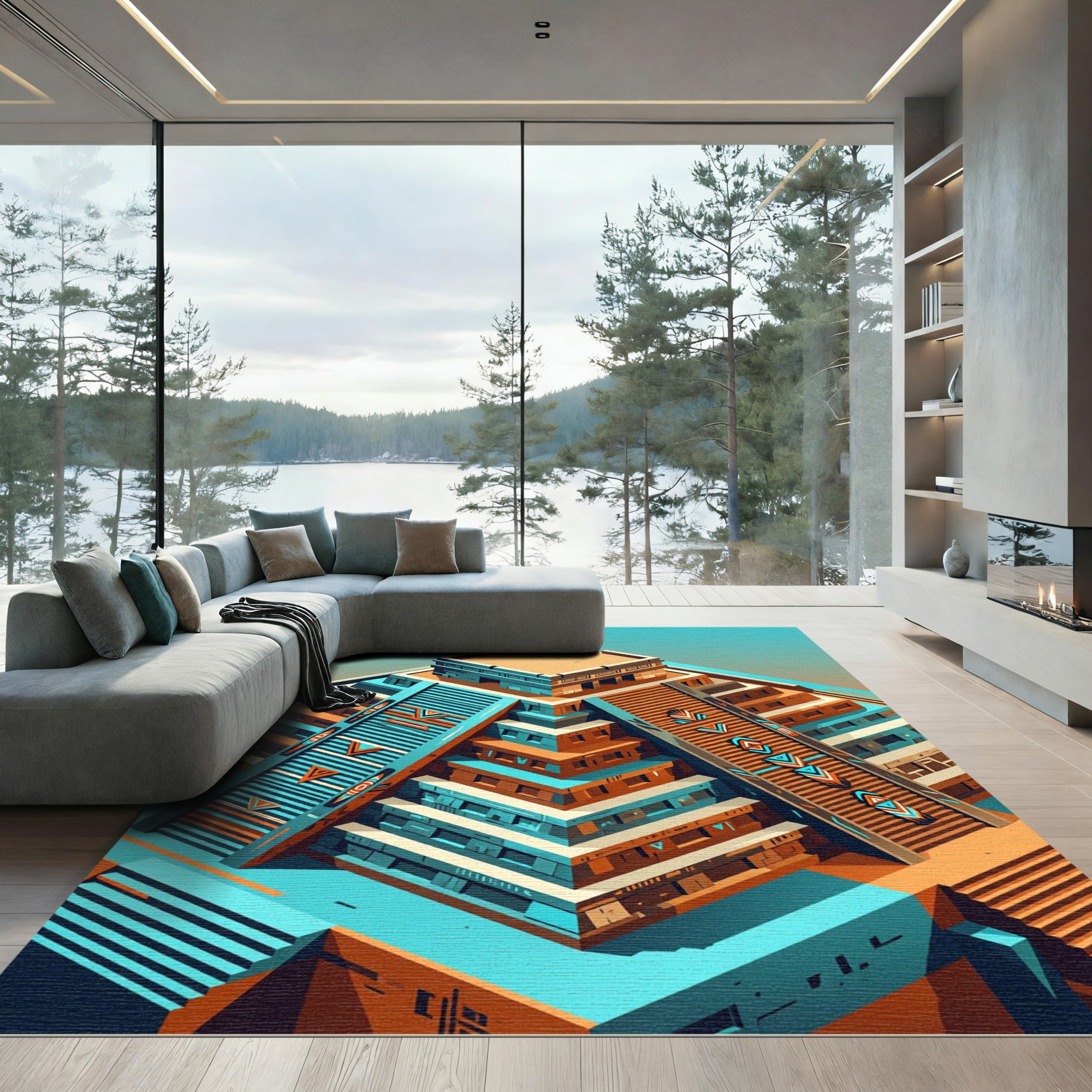 Isometric Aztec Pyramid Geometric Orange Teal Rug