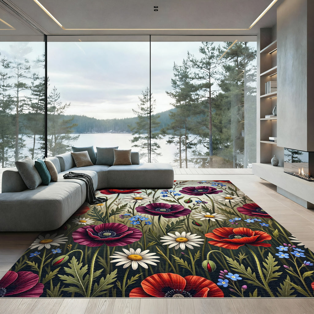 Vibrant Red Plum Poppies Dandelions Rug