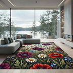 Vibrant Red Plum Poppies Dandelions Rug