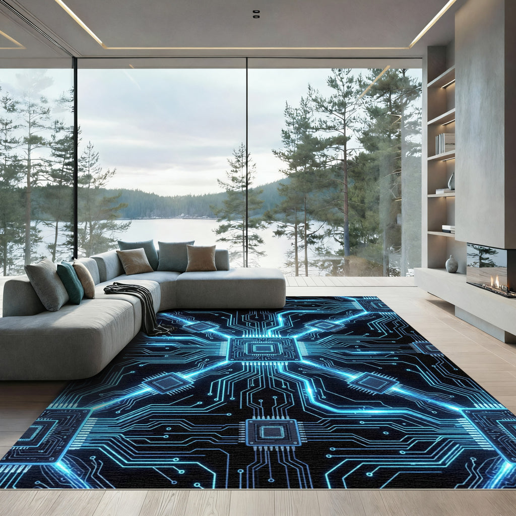 Futuristic Neon Cyber Circuit Grid Rug