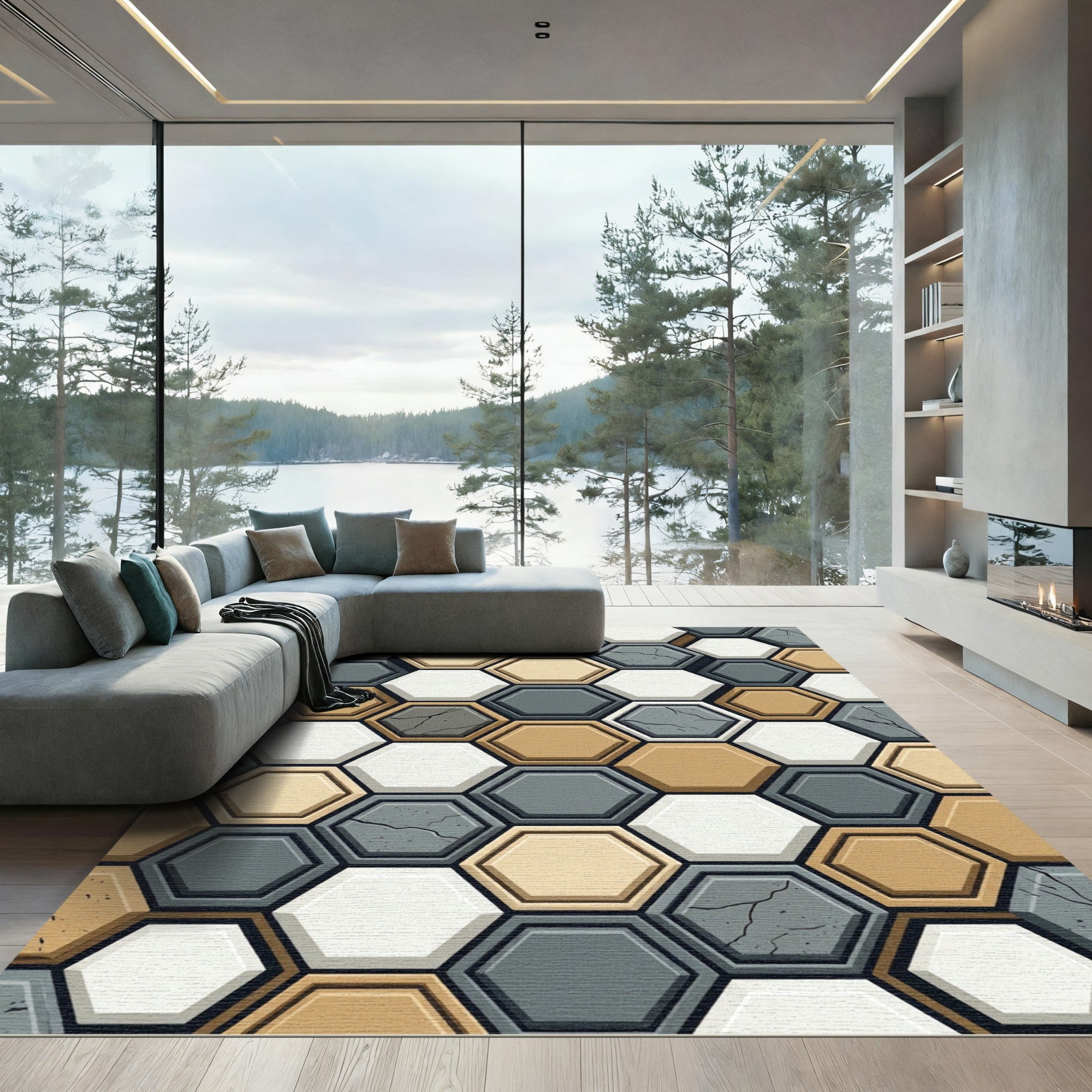 Cracked Stone Hexagon Geometric Arrangement Rug