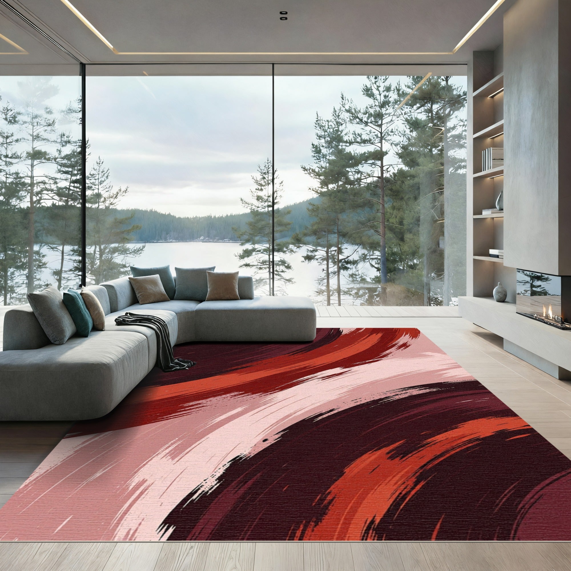 Bold Crimson Swirl Abstract Area Rug