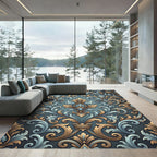 Antique Gold Blue Flourish Scroll Rug