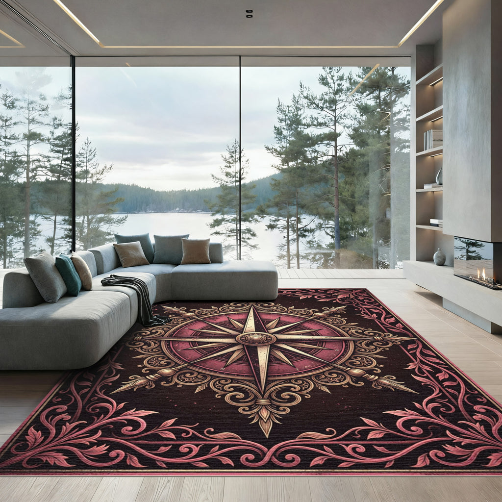 Ornate Crimson Vintage Compass Medallion Rug