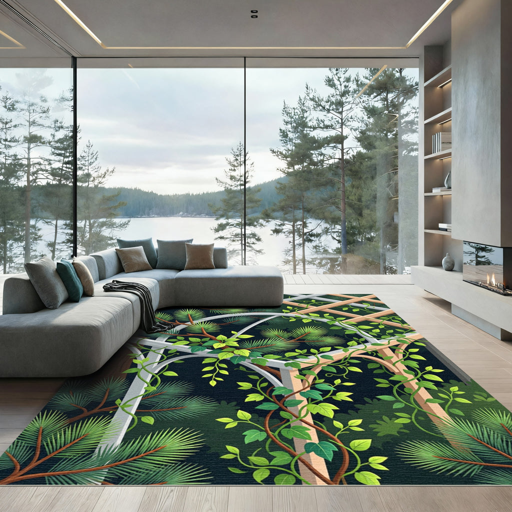 Dark Botanical Trellis Pine Foliage Rug